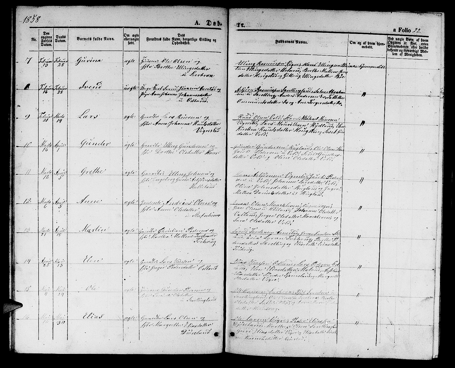 Hå sokneprestkontor, AV/SAST-A-101801/001/30BB/L0002: Klokkerbok nr. B 2, 1854-1883, s. 22