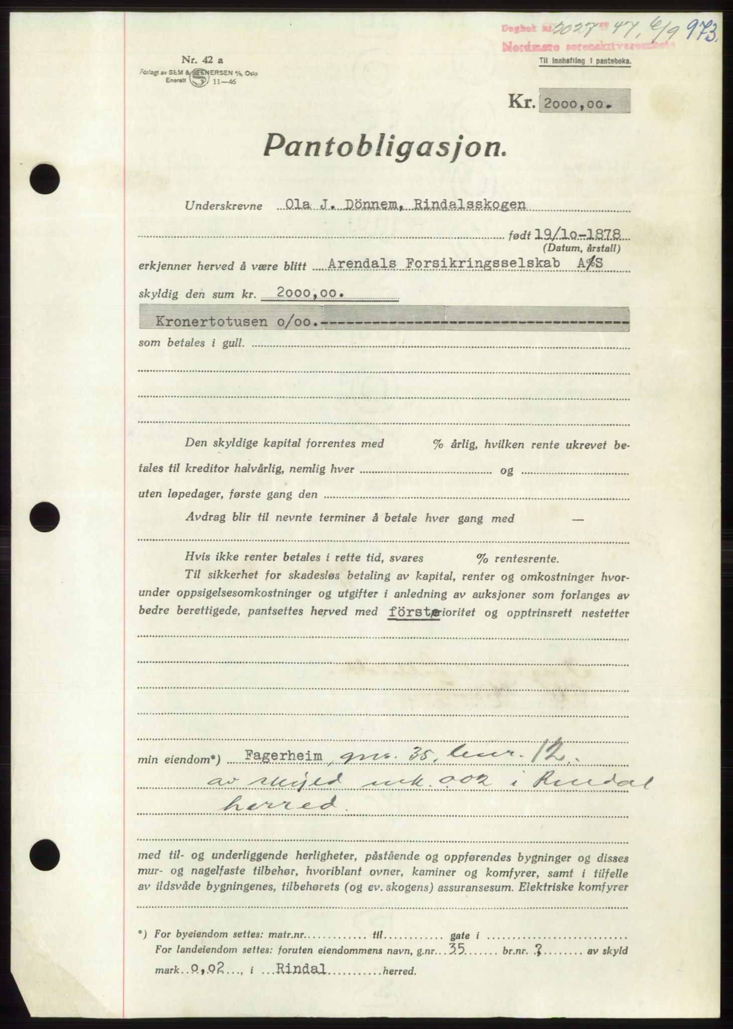 Nordmøre sorenskriveri, AV/SAT-A-4132/1/2/2Ca: Pantebok nr. B96, 1947-1947, Dagboknr: 2027/1947