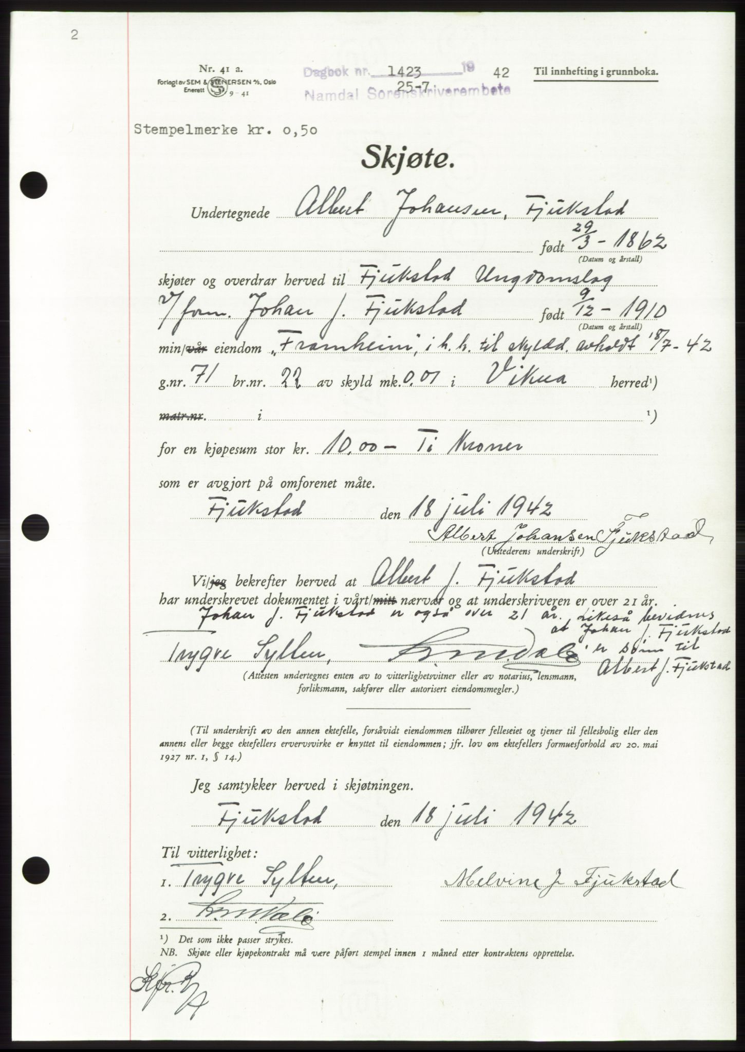 Namdal sorenskriveri, SAT/A-4133/1/2/2C: Pantebok nr. -, 1942-1943, Dagboknr: 1423/1942