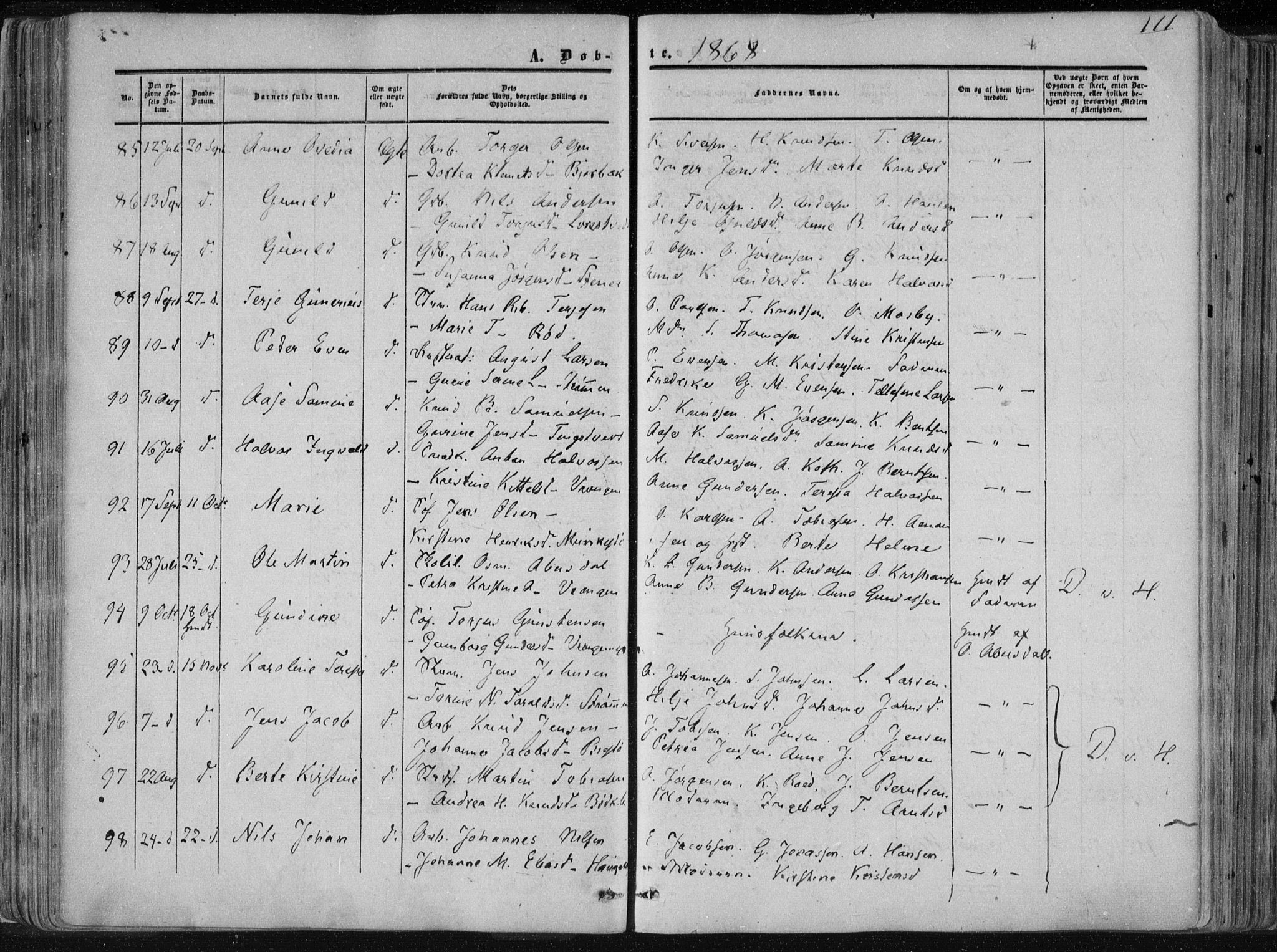 Øyestad sokneprestkontor, AV/SAK-1111-0049/F/Fa/L0015: Ministerialbok nr. A 15, 1857-1873, s. 111
