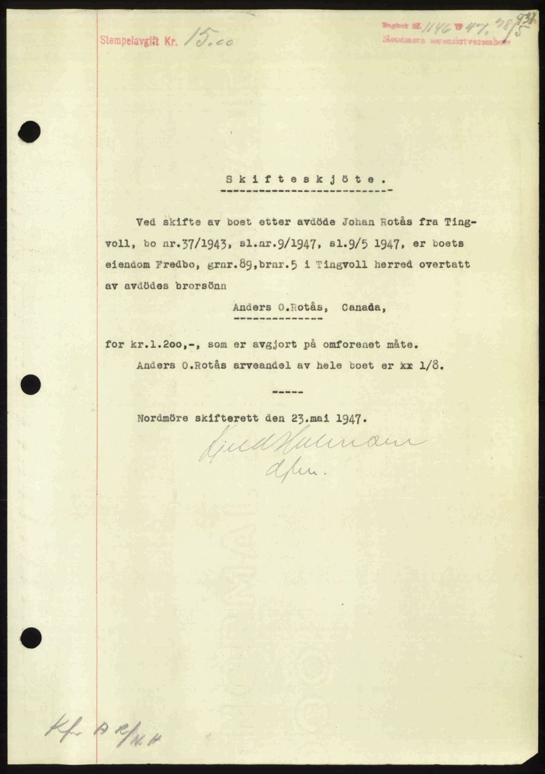 Nordmøre sorenskriveri, SAT/A-4132/1/2/2Ca: Pantebok nr. A104, 1947-1947, Dagboknr: 1146/1947