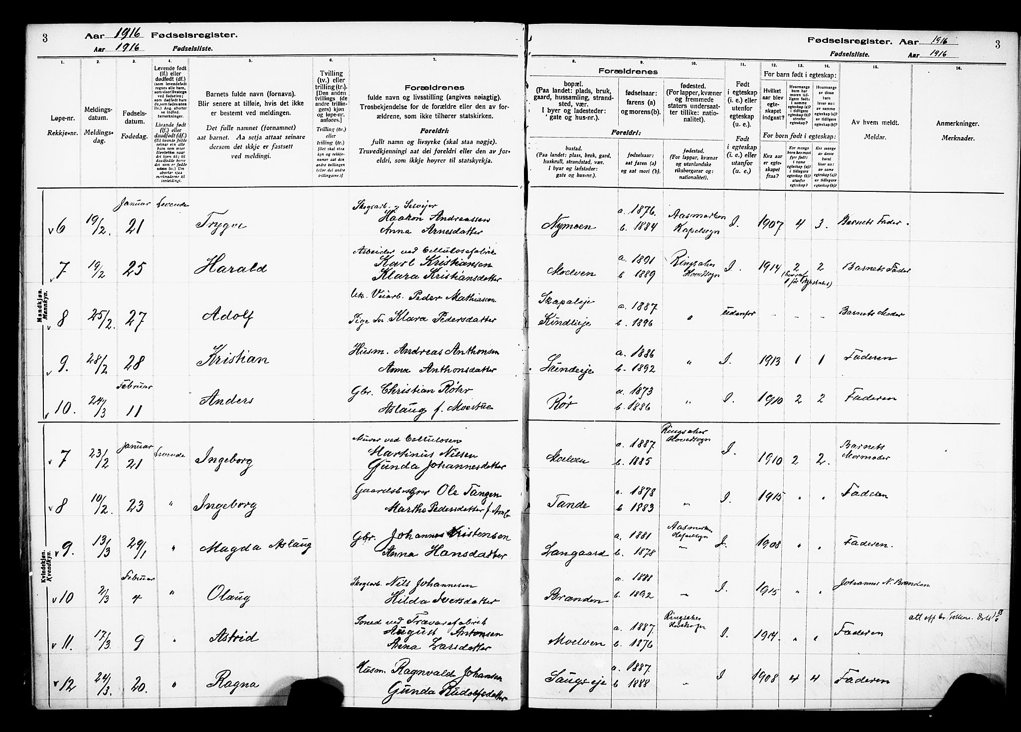 Ringsaker prestekontor, SAH/PREST-014/O/Oa/L0001: Fødselsregister nr. 1, 1916-1925, s. 3