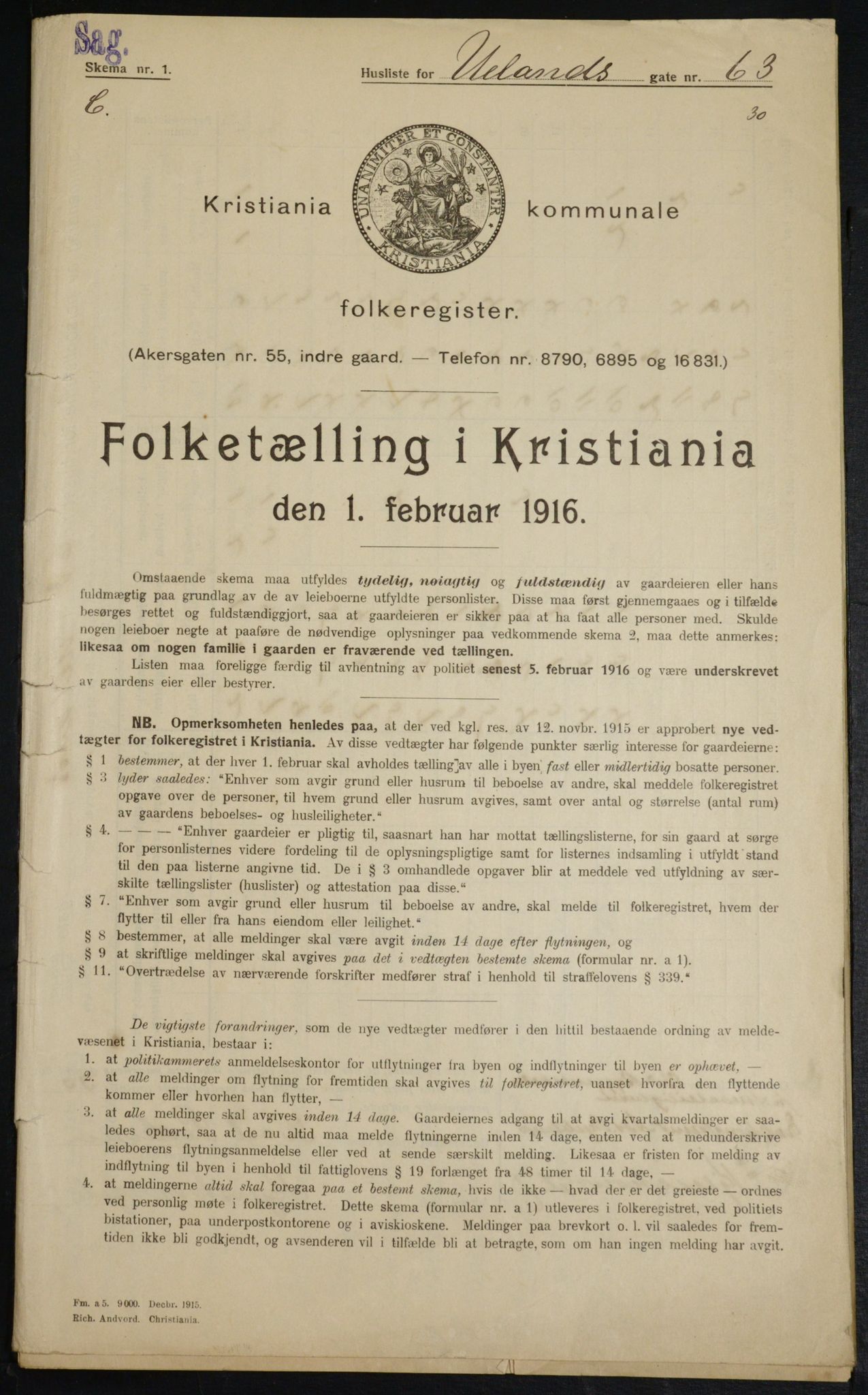 OBA, Kommunal folketelling 1.2.1916 for Kristiania, 1916, s. 122101