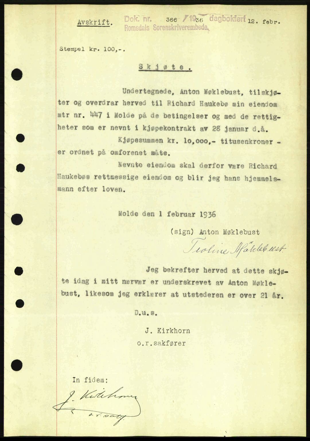 Romsdal sorenskriveri, SAT/A-4149/1/2/2C: Pantebok nr. A1, 1936-1936, Dagboknr: 366/1936