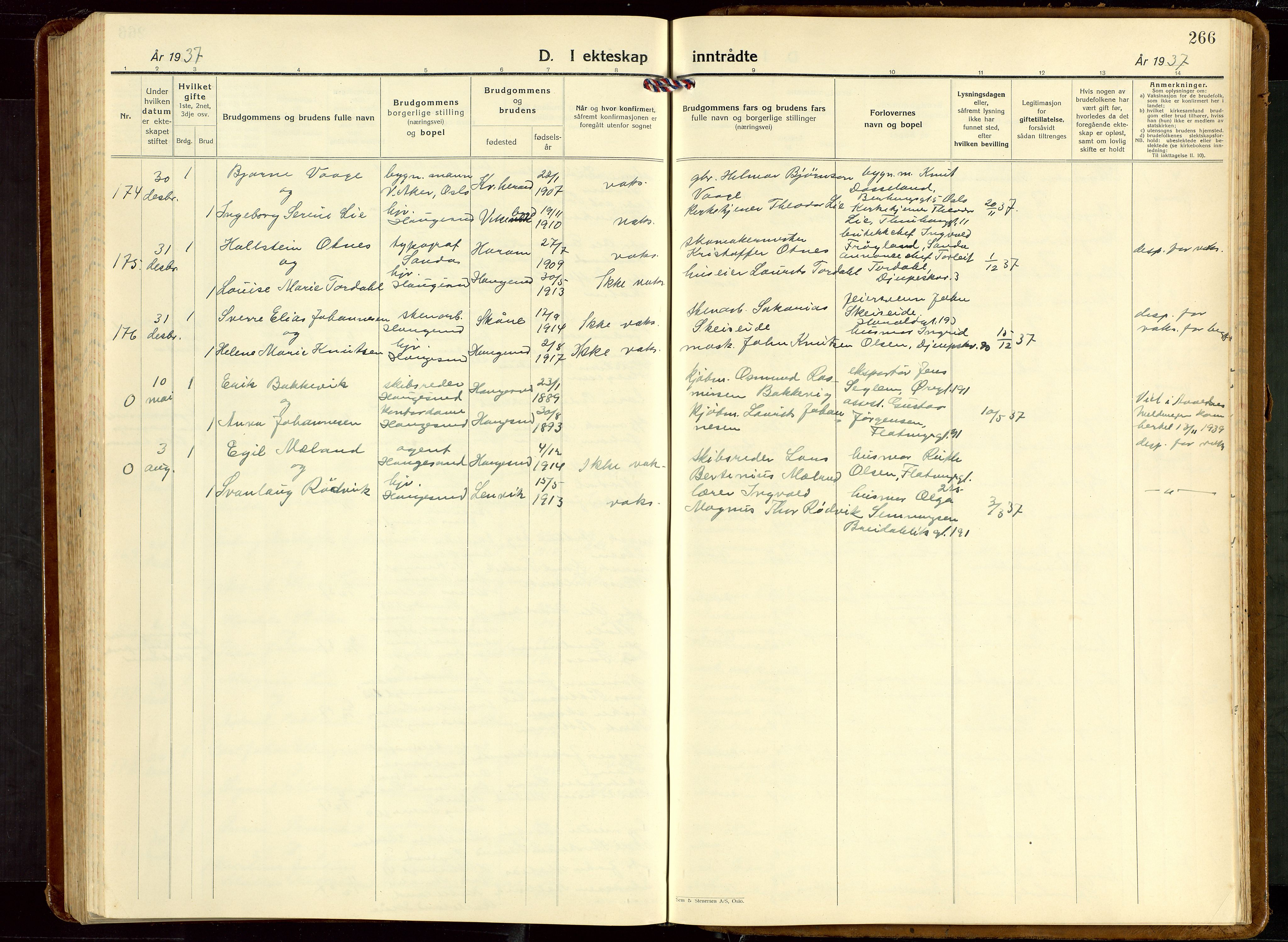 Haugesund sokneprestkontor, SAST/A -101863/H/Ha/Hab/L0013: Klokkerbok nr. B 13, 1931-1943, s. 266