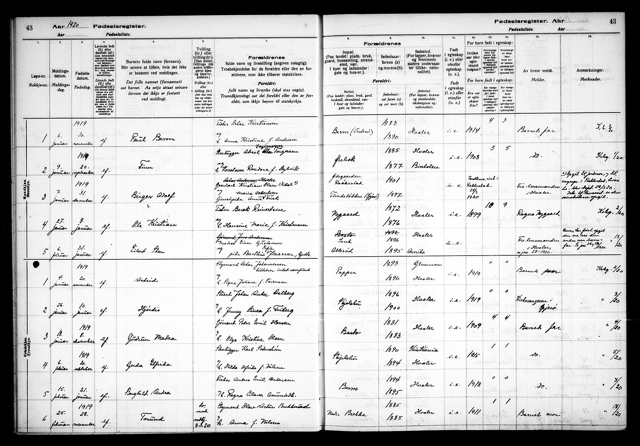 Hvaler prestekontor Kirkebøker, AV/SAO-A-2001/J/Ja/L0001: Fødselsregister nr. I 1, 1916-1938, s. 43