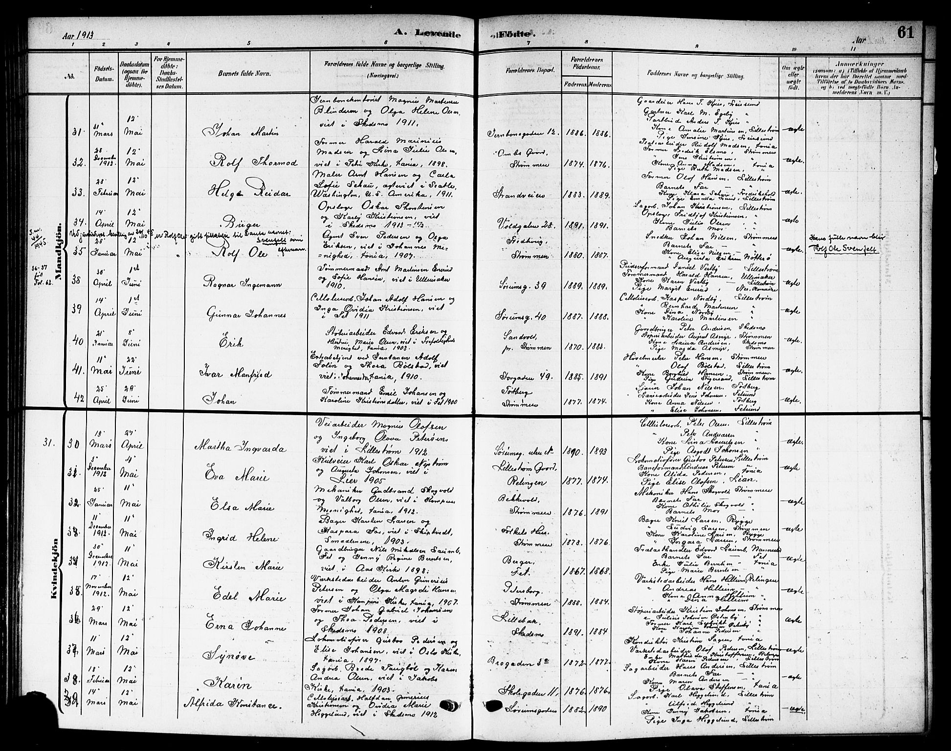 Skedsmo prestekontor Kirkebøker, AV/SAO-A-10033a/G/Gc/L0001: Klokkerbok nr. III 1, 1908-1916, s. 61