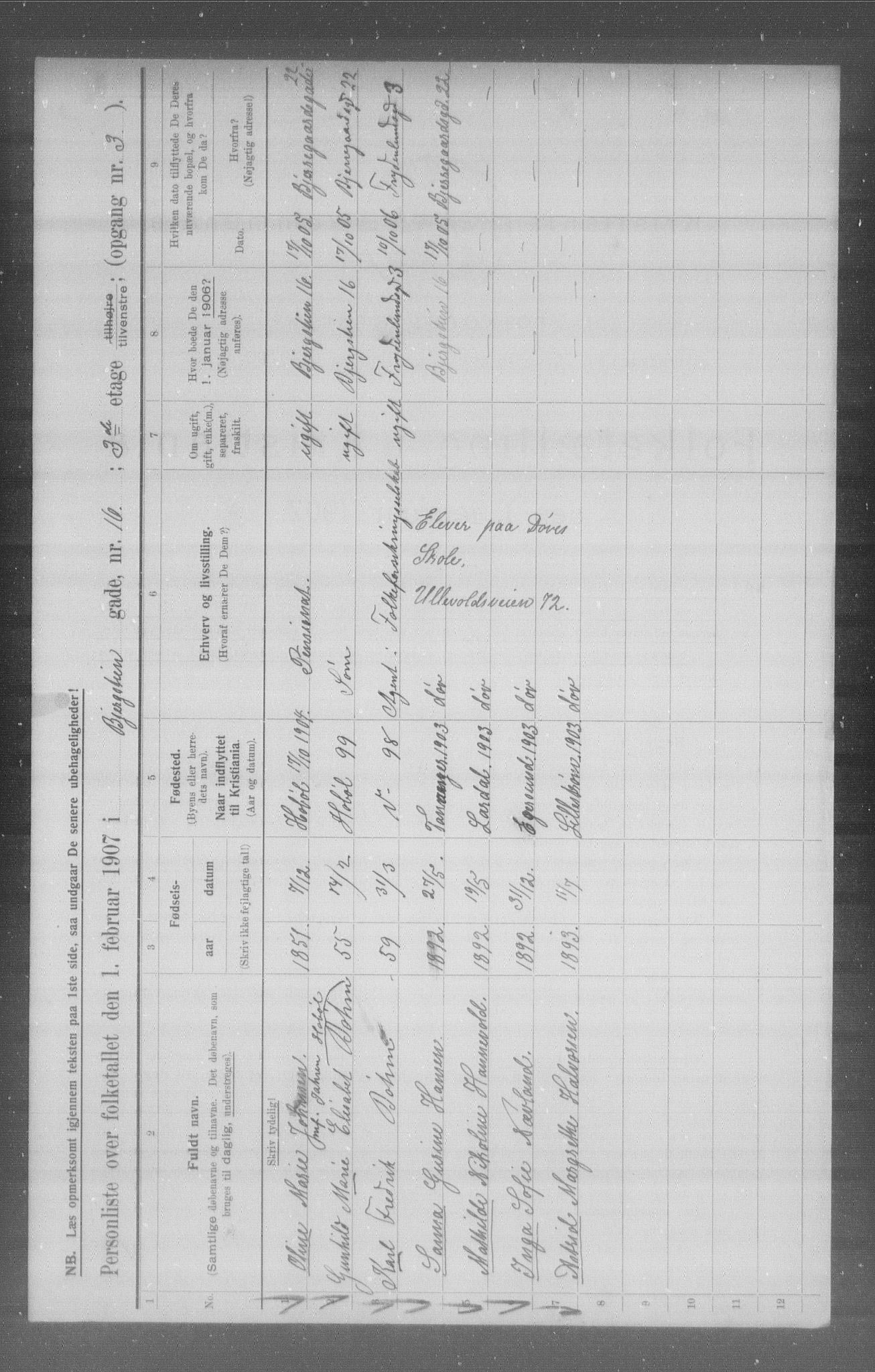 OBA, Kommunal folketelling 1.2.1907 for Kristiania kjøpstad, 1907, s. 2484