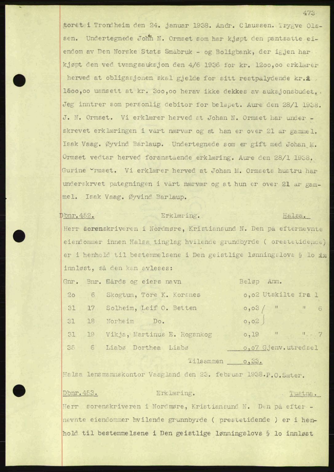 Nordmøre sorenskriveri, SAT/A-4132/1/2/2Ca: Pantebok nr. C80, 1936-1939, Dagboknr: 452/1938