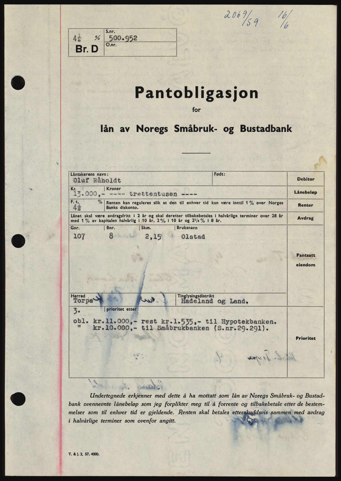 Hadeland og Land tingrett, SAH/TING-010/H/Hb/Hbc/L0040: Pantebok nr. B40, 1959-1959, Dagboknr: 2069/1959