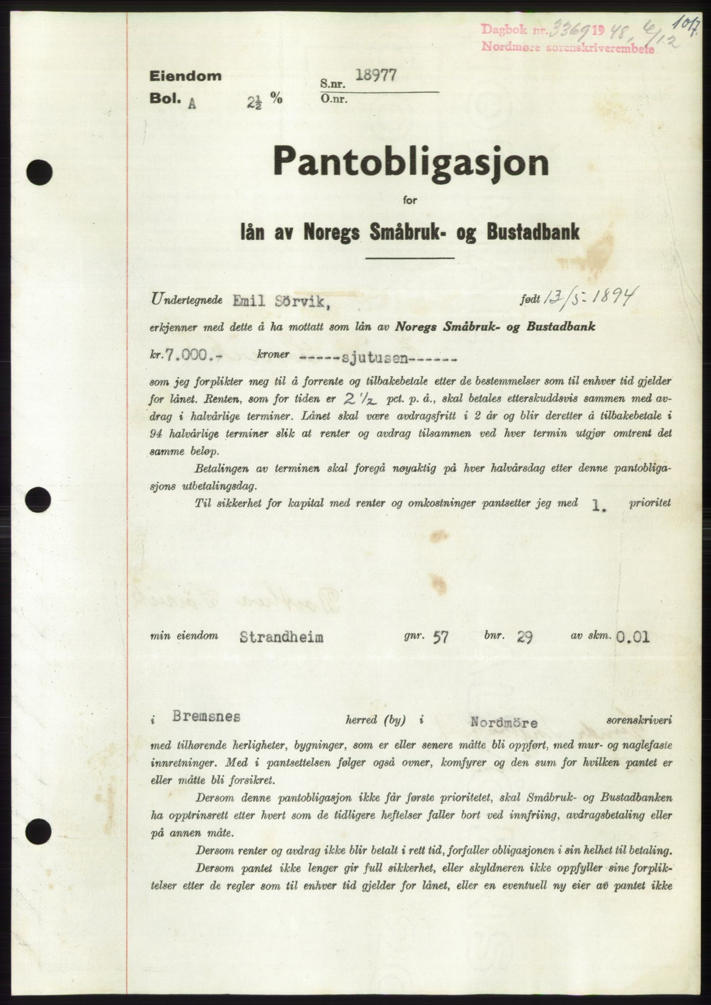 Nordmøre sorenskriveri, SAT/A-4132/1/2/2Ca: Pantebok nr. B100, 1948-1949, Dagboknr: 3369/1948