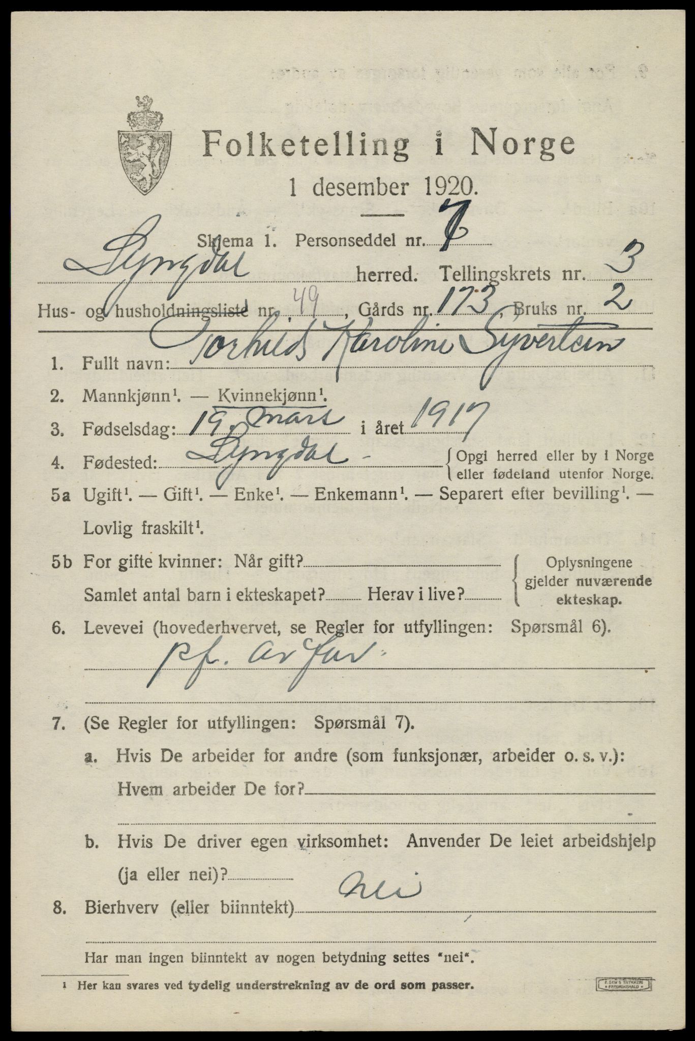 SAK, Folketelling 1920 for 1032 Lyngdal herred, 1920, s. 2319