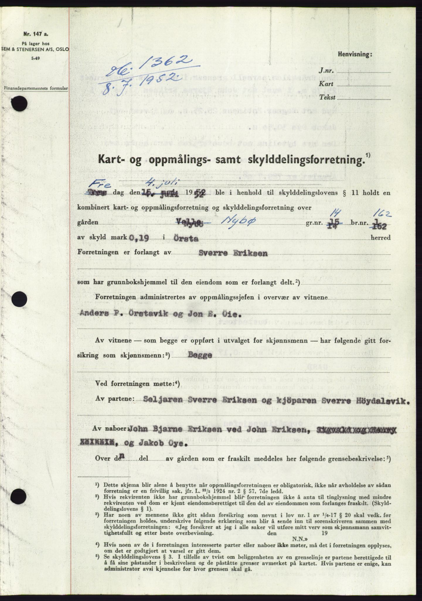 Søre Sunnmøre sorenskriveri, AV/SAT-A-4122/1/2/2C/L0092: Pantebok nr. 18A, 1952-1952, Dagboknr: 1362/1952