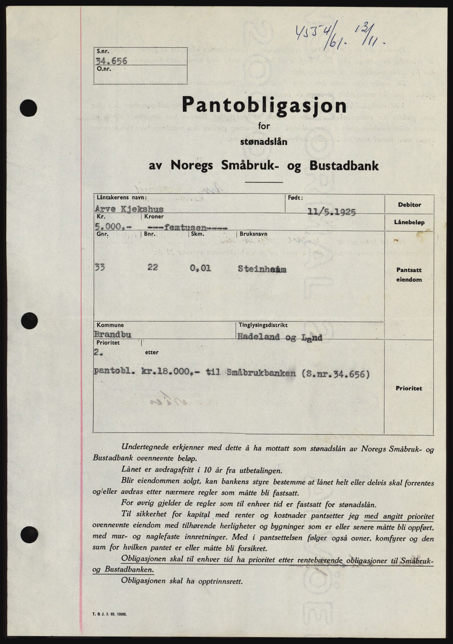 Hadeland og Land tingrett, SAH/TING-010/H/Hb/Hbc/L0047: Pantebok nr. B47, 1961-1962, Dagboknr: 4554/1961
