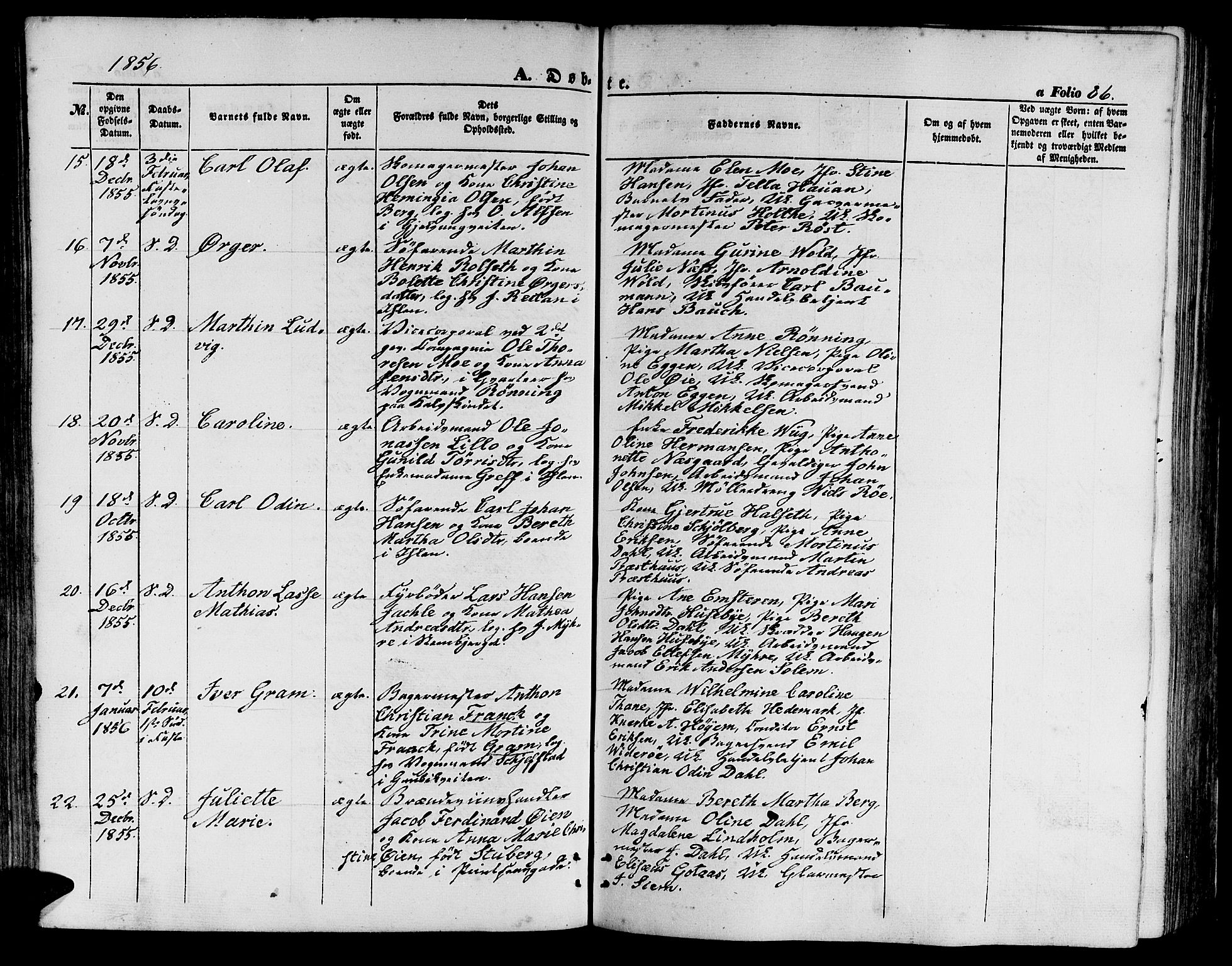 Ministerialprotokoller, klokkerbøker og fødselsregistre - Sør-Trøndelag, SAT/A-1456/602/L0138: Klokkerbok nr. 602C06, 1853-1858, s. 86
