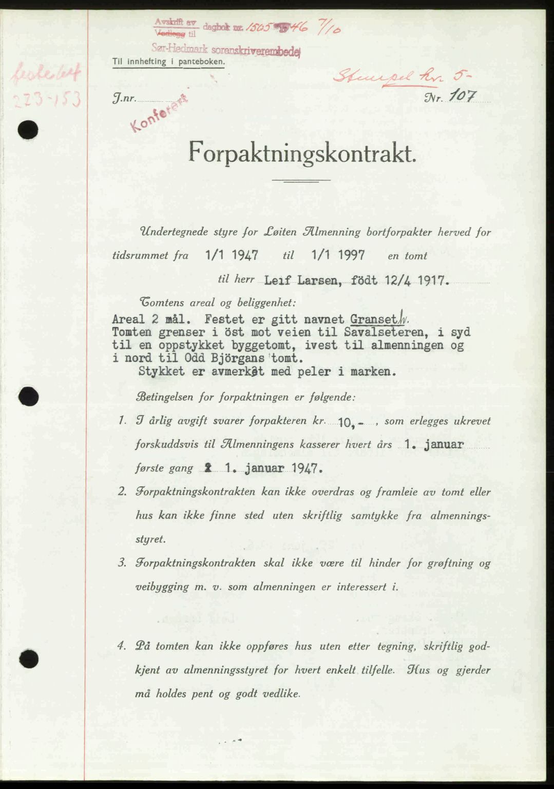 Sør-Hedmark sorenskriveri, AV/SAH-TING-014/H/Hb/Hbd/L0012: Pantebok nr. 12, 1946-1946, Dagboknr: 1505/1946