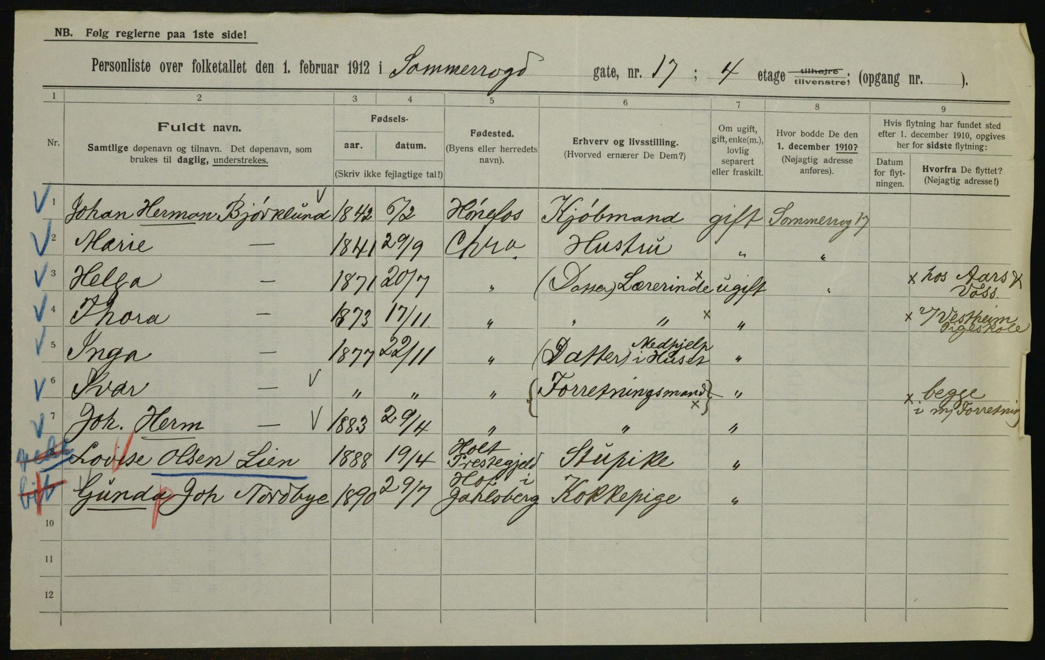 OBA, Kommunal folketelling 1.2.1912 for Kristiania, 1912, s. 100073