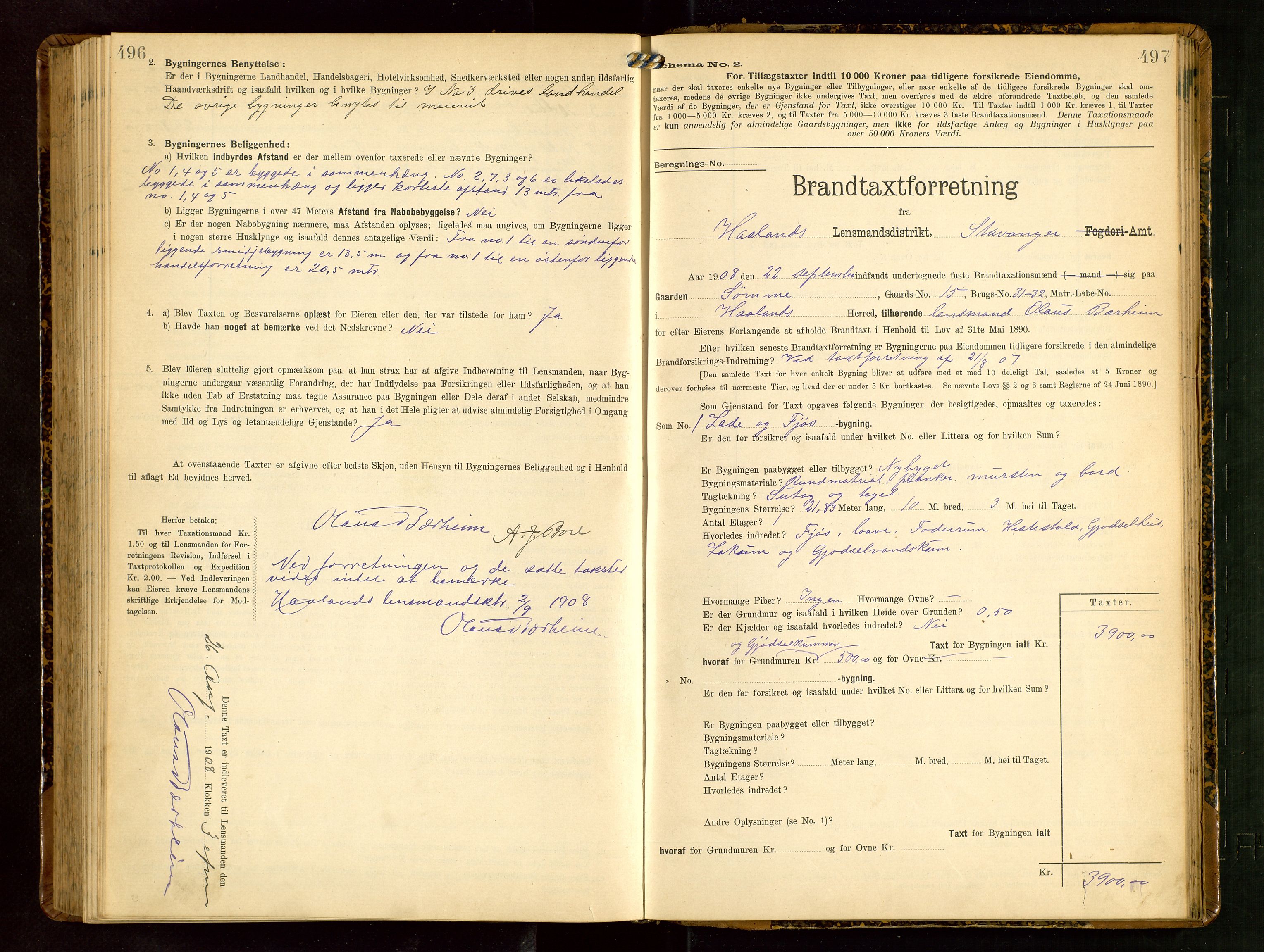 Håland lensmannskontor, AV/SAST-A-100100/Gob/L0003: Branntakstprotokoll - skjematakst. Register i boken., 1909-1910, s. 496-497