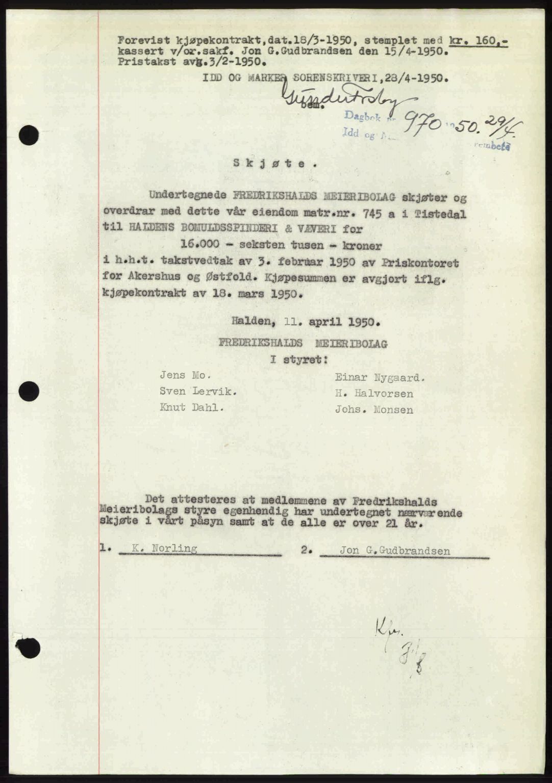 Idd og Marker sorenskriveri, AV/SAO-A-10283/G/Gb/Gbb/L0014: Pantebok nr. A14, 1950-1950, Dagboknr: 970/1950