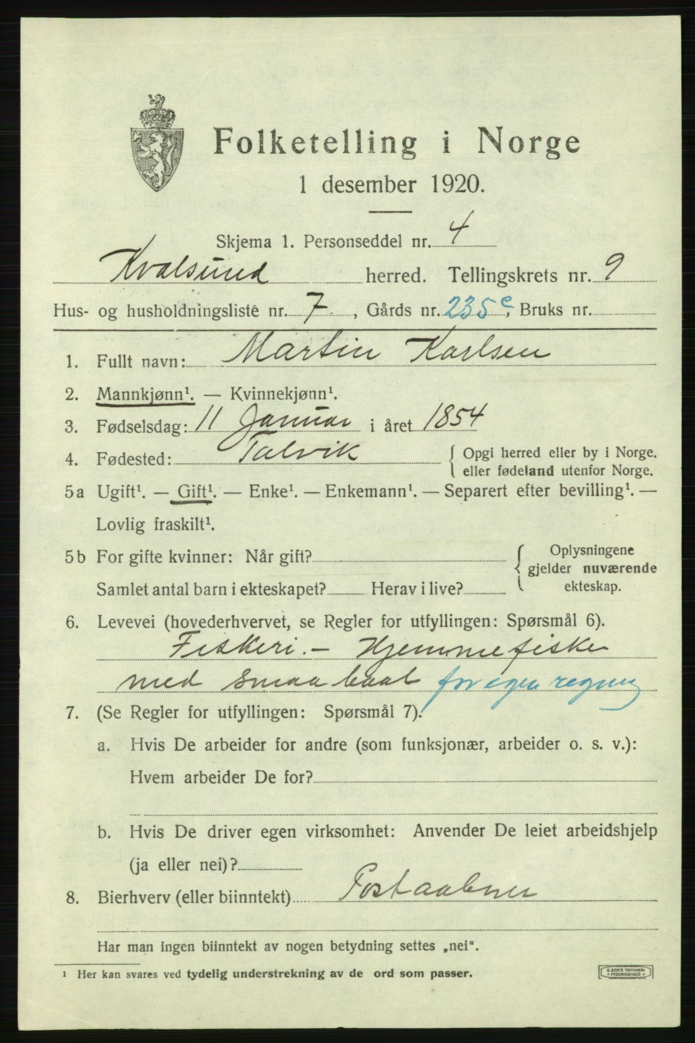 SATØ, Folketelling 1920 for 2017 Kvalsund herred, 1920, s. 2848