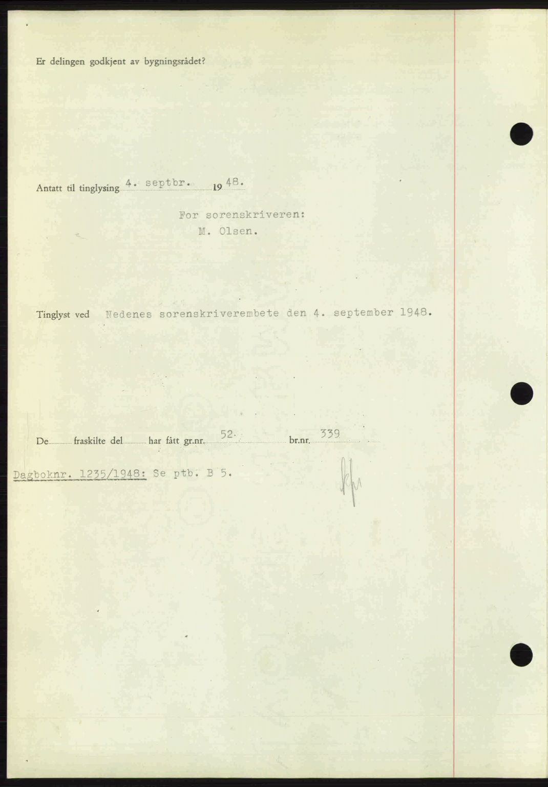 Nedenes sorenskriveri, SAK/1221-0006/G/Gb/Gba/L0059: Pantebok nr. A11, 1948-1948, Dagboknr: 1234/1948