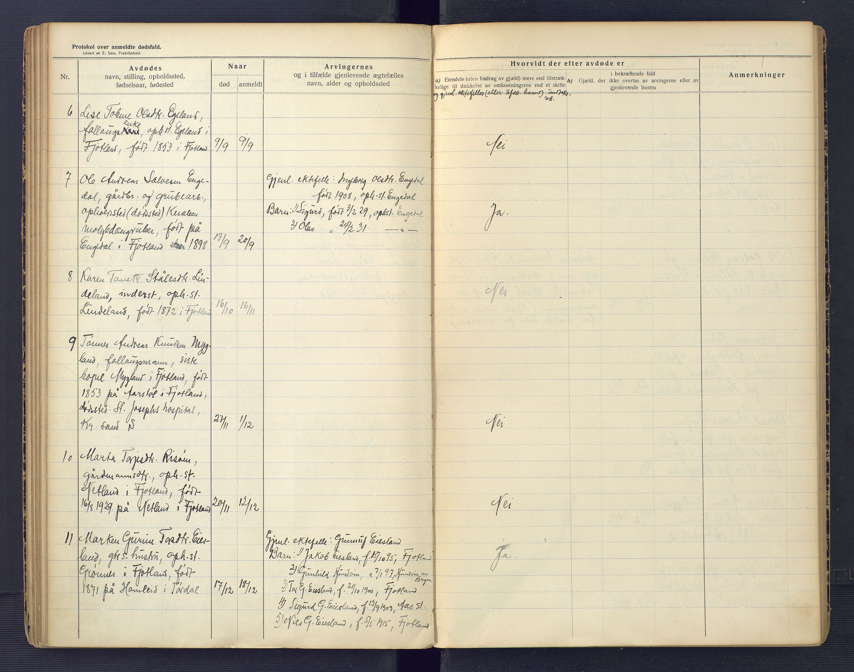 Fjotland lensmannskontor, SAK/1241-0012/F/Fe/L0002: Dødsfallsprotokoll nr 73, 1911-1950