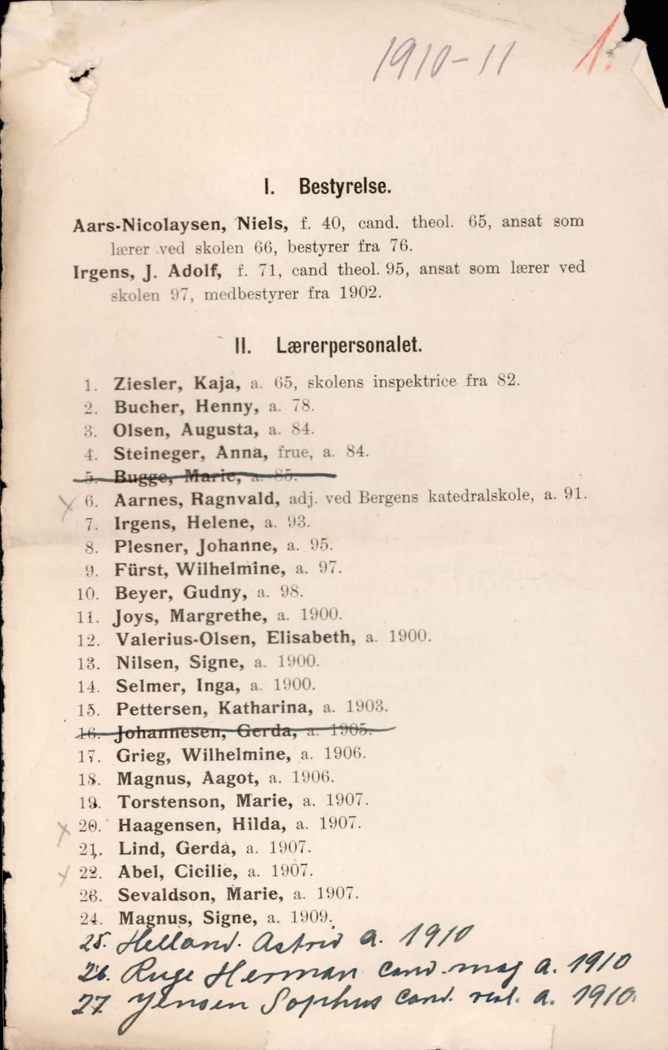 U Pihls skole, BBA/A-1248/M/Ma/L0001/0020: Årsmeldinger / Årsmelding 1910 - 1911, 1910-1911