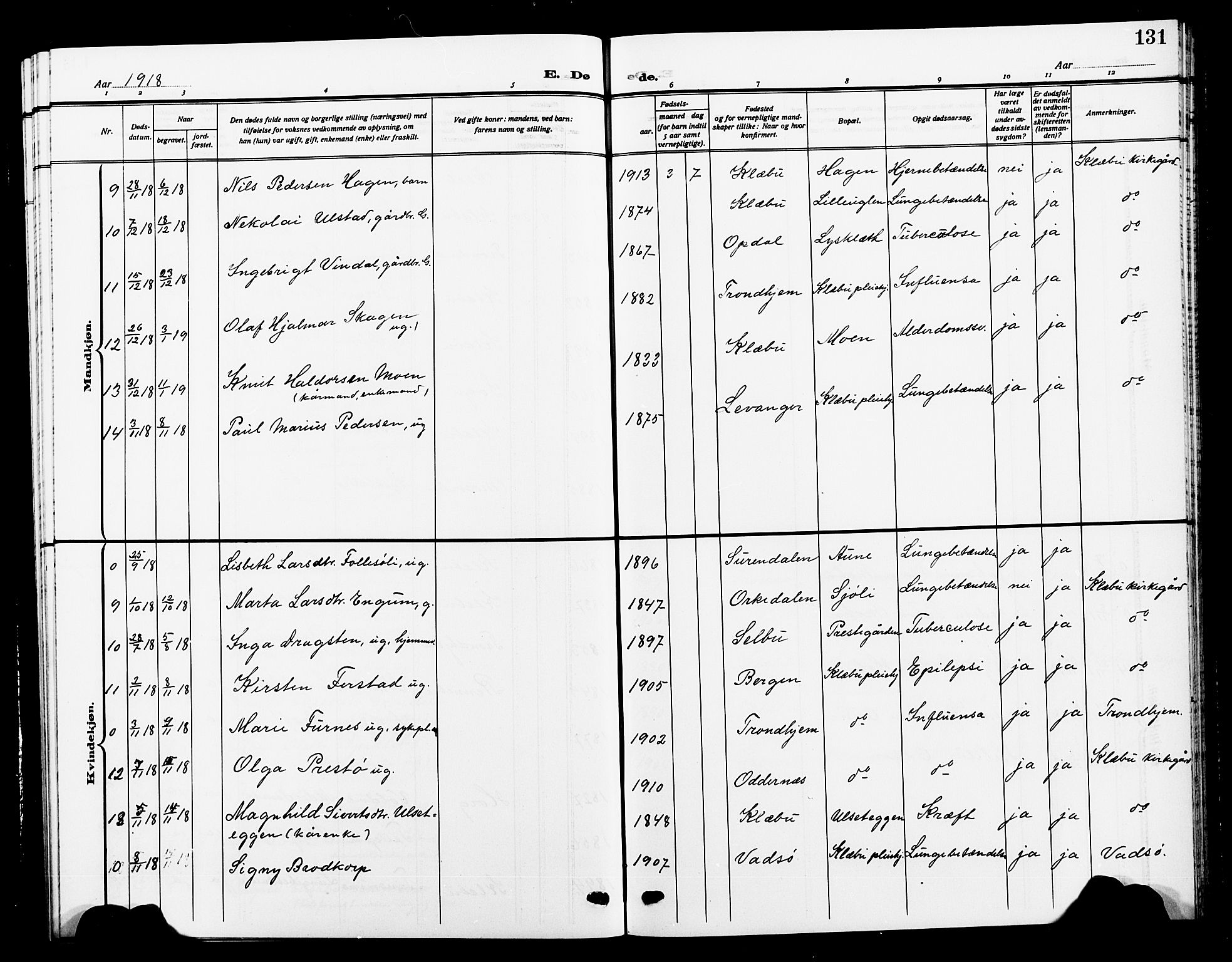 Ministerialprotokoller, klokkerbøker og fødselsregistre - Sør-Trøndelag, AV/SAT-A-1456/618/L0453: Klokkerbok nr. 618C04, 1907-1925, s. 131