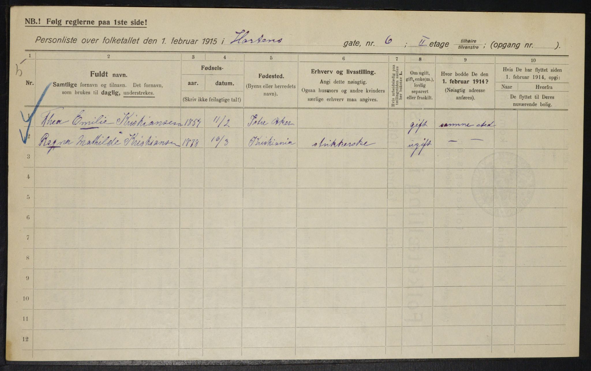 OBA, Kommunal folketelling 1.2.1915 for Kristiania, 1915, s. 41003