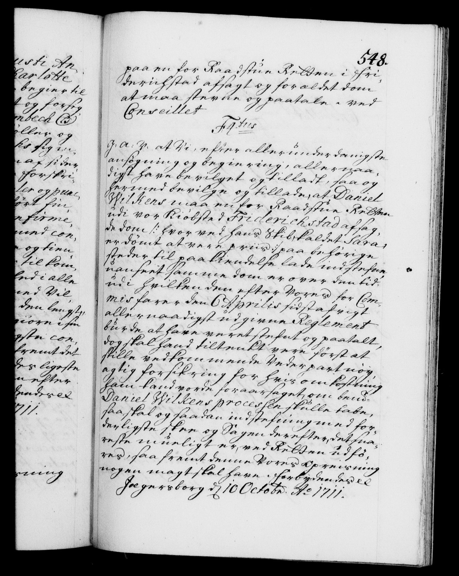 Danske Kanselli 1572-1799, RA/EA-3023/F/Fc/Fca/Fcaa/L0020: Norske registre, 1708-1711, s. 548a