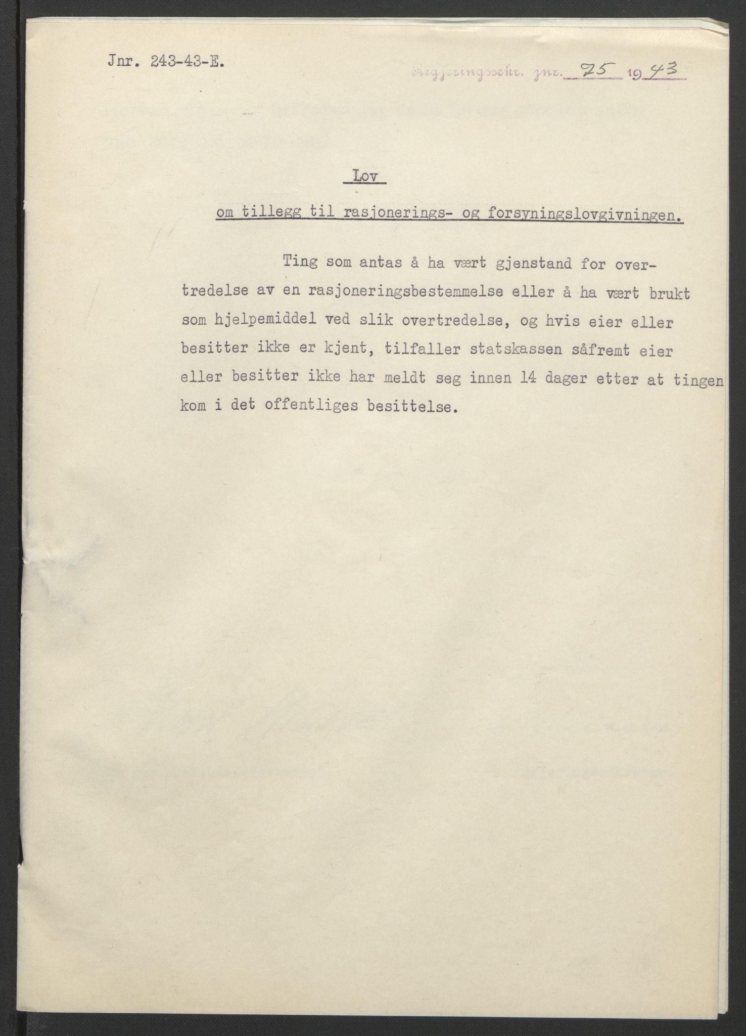 NS-administrasjonen 1940-1945 (Statsrådsekretariatet, de kommisariske statsråder mm), RA/S-4279/D/Db/L0099: Lover, 1943, s. 176