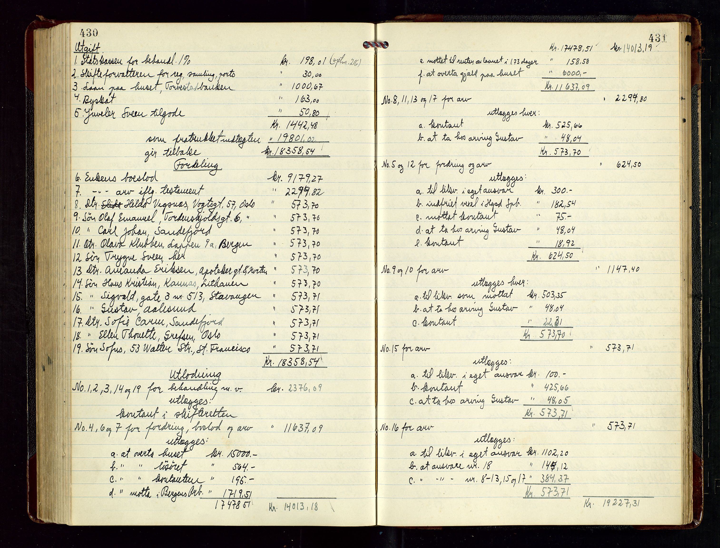 Haugesund tingrett, AV/SAST-A-101415/01/IV/IVD/L0004: Skifteutlodningsprotokoll, med register, 1924-1931, s. 430-431