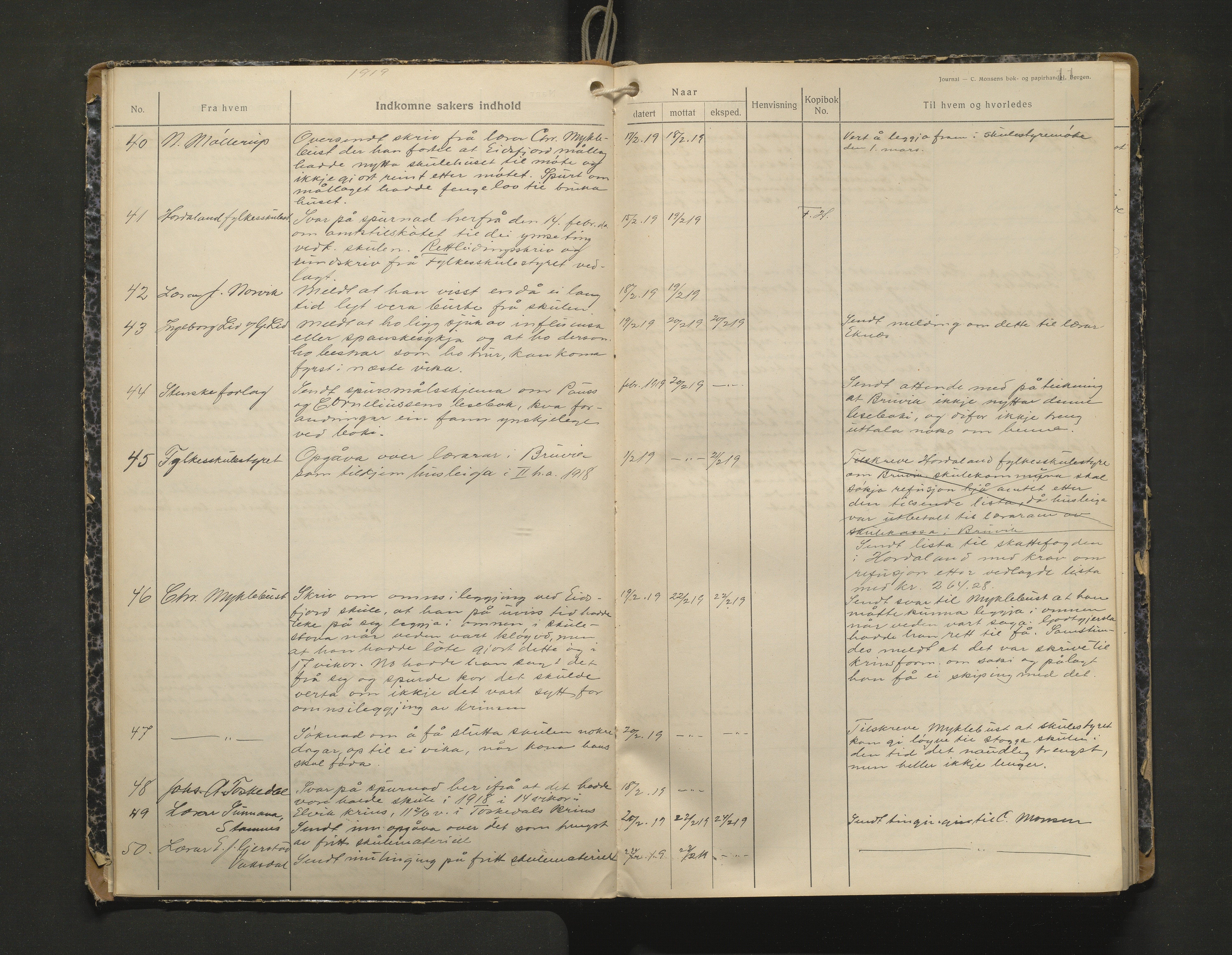 Bruvik kommune. Skulestyre, IKAH/1251a-211/C/Ca/L0003: Postjournal for Bruvik skulestyre, 1918-1920