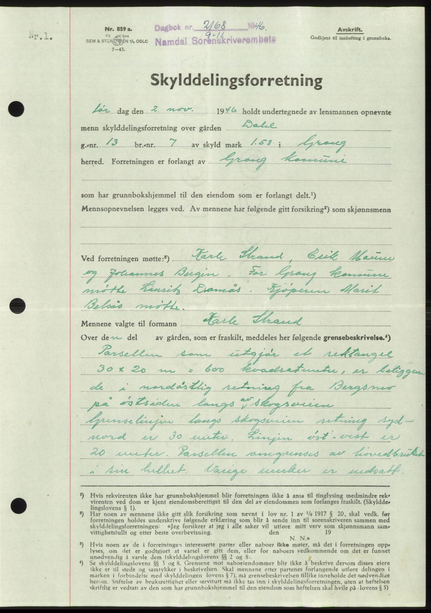 Namdal sorenskriveri, SAT/A-4133/1/2/2C: Pantebok nr. -, 1946-1947, Dagboknr: 2168/1946