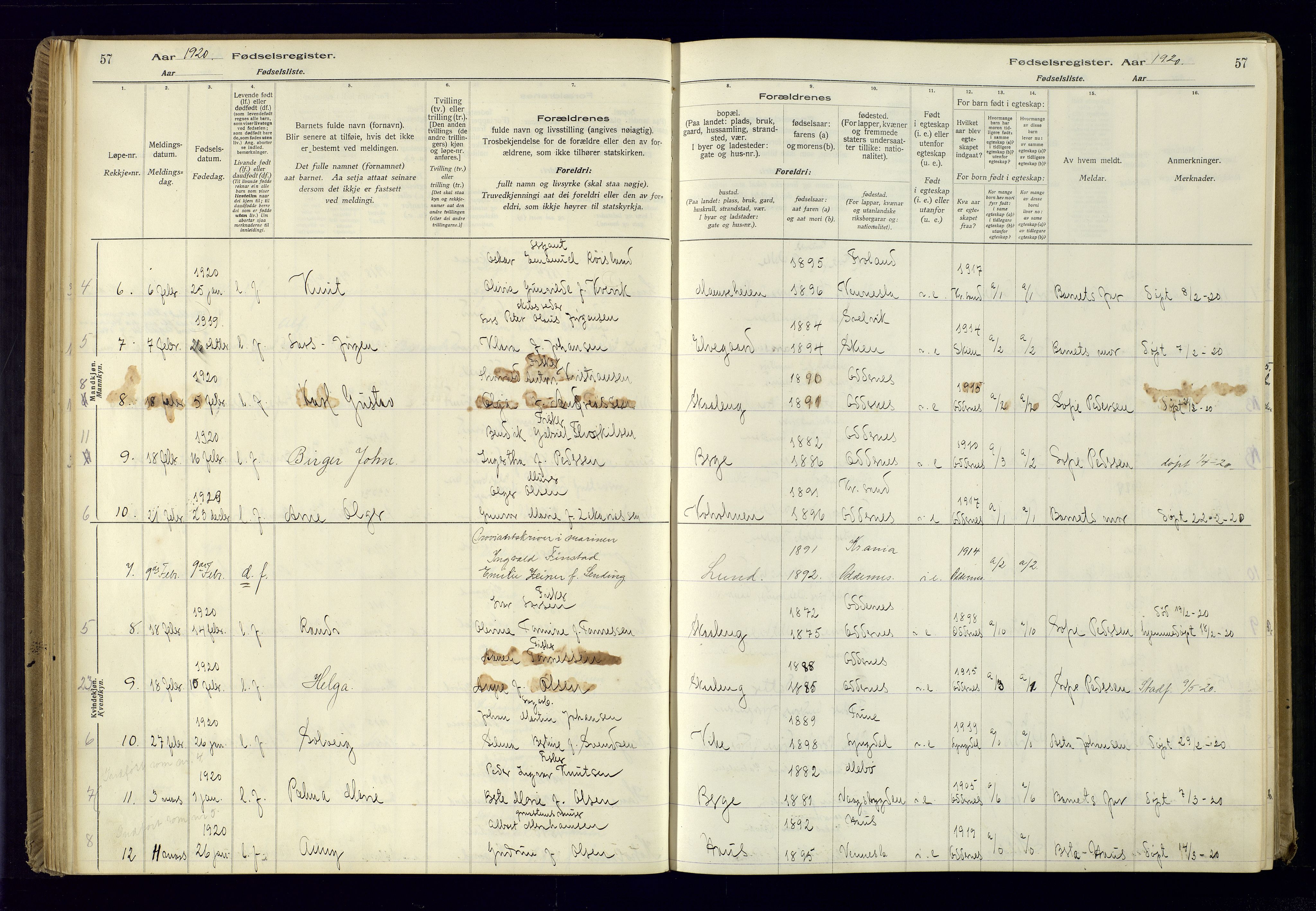 Oddernes sokneprestkontor, AV/SAK-1111-0033/J/Ja/L0001: Fødselsregister nr. 1, 1916-1935, s. 57