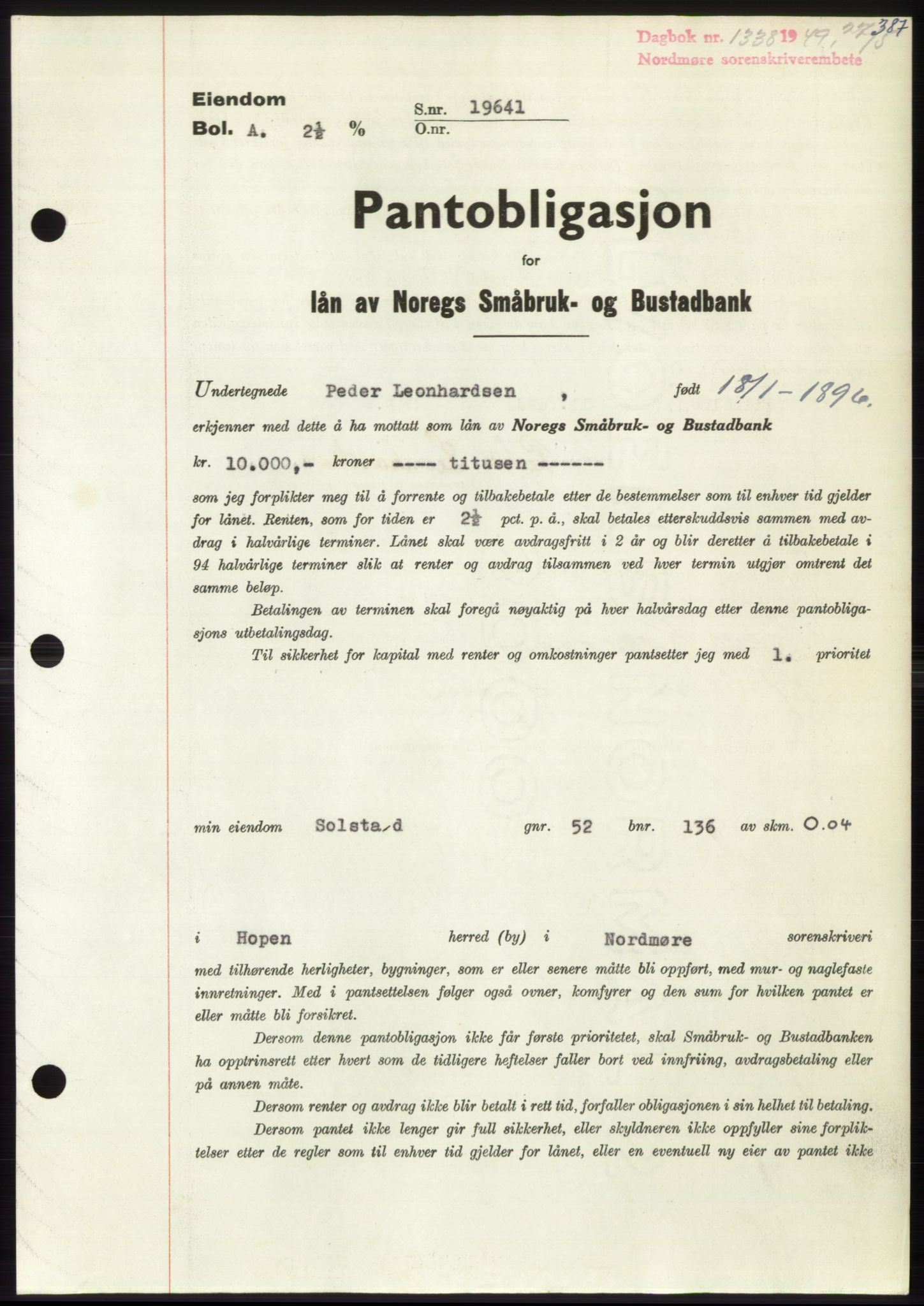 Nordmøre sorenskriveri, SAT/A-4132/1/2/2Ca: Pantebok nr. B101, 1949-1949, Dagboknr: 1338/1949