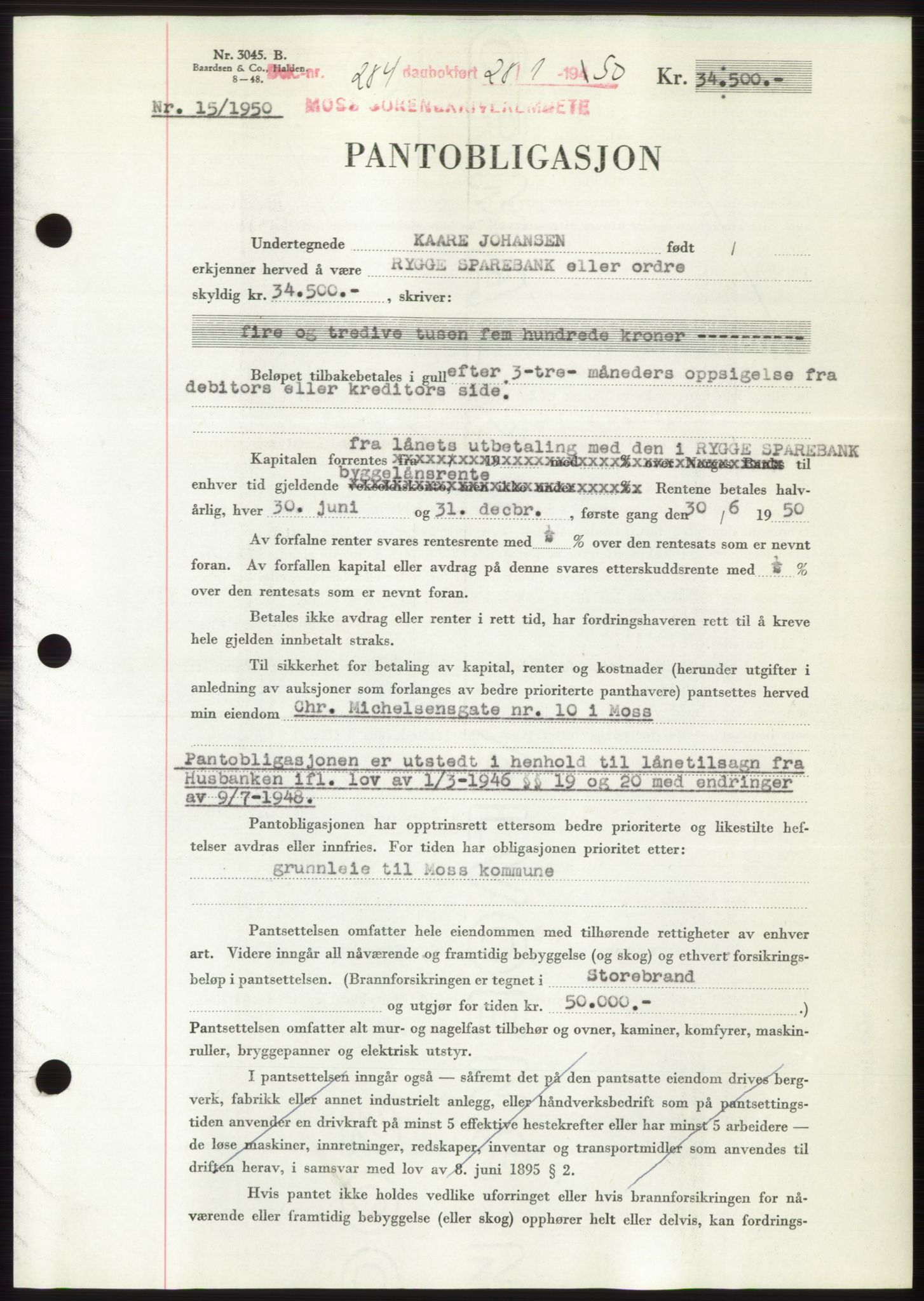 Moss sorenskriveri, SAO/A-10168: Pantebok nr. B23, 1949-1950, Dagboknr: 284/1950