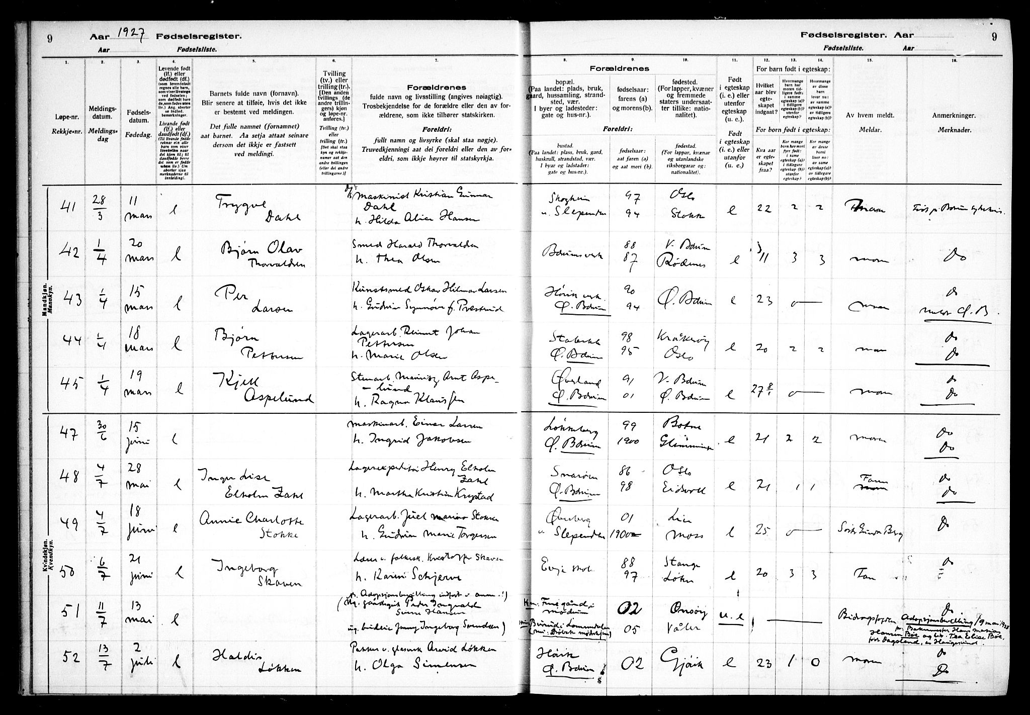 Vestre Bærum prestekontor Kirkebøker, AV/SAO-A-10209a/J/L0002: Fødselsregister nr. 2, 1927-1933, s. 9