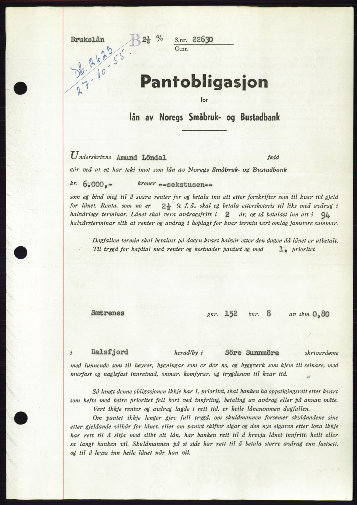 Søre Sunnmøre sorenskriveri, SAT/A-4122/1/2/2C/L0127: Pantebok nr. 15B, 1955-1955, Dagboknr: 2623/1955
