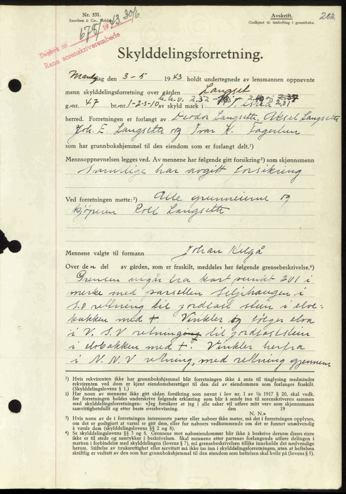 Rana sorenskriveri , SAT/A-1108/1/2/2C: Pantebok nr. A 10, 1942-1943, Dagboknr: 678/1943