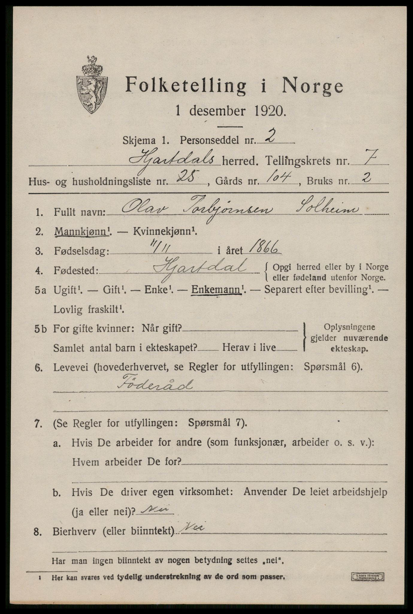 SAKO, Folketelling 1920 for 0827 Hjartdal herred, 1920, s. 4838