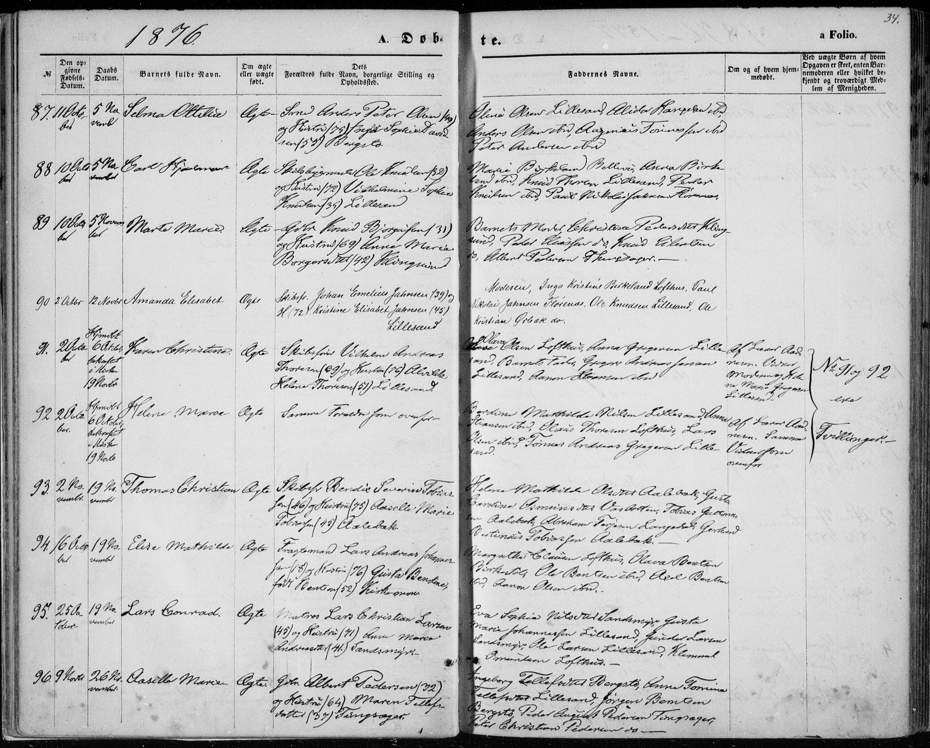 Vestre Moland sokneprestkontor, AV/SAK-1111-0046/F/Fa/Fab/L0008: Ministerialbok nr. A 8, 1873-1883, s. 34