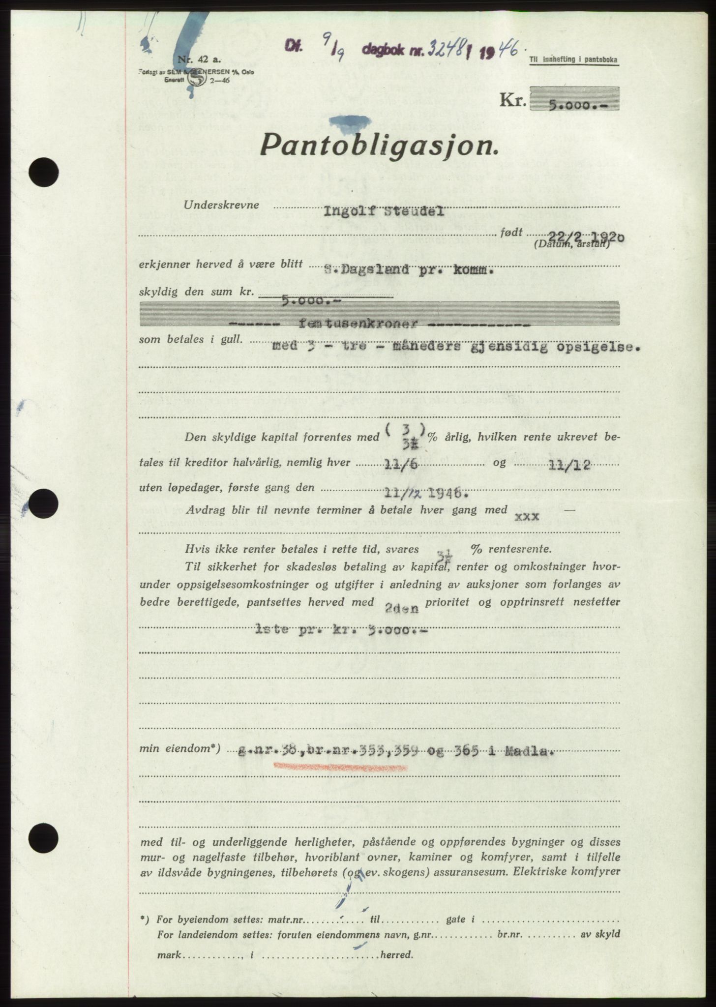 Jæren sorenskriveri, SAST/A-100310/03/G/Gba/L0091: Pantebok, 1946-1946, Dagboknr: 3248/1946