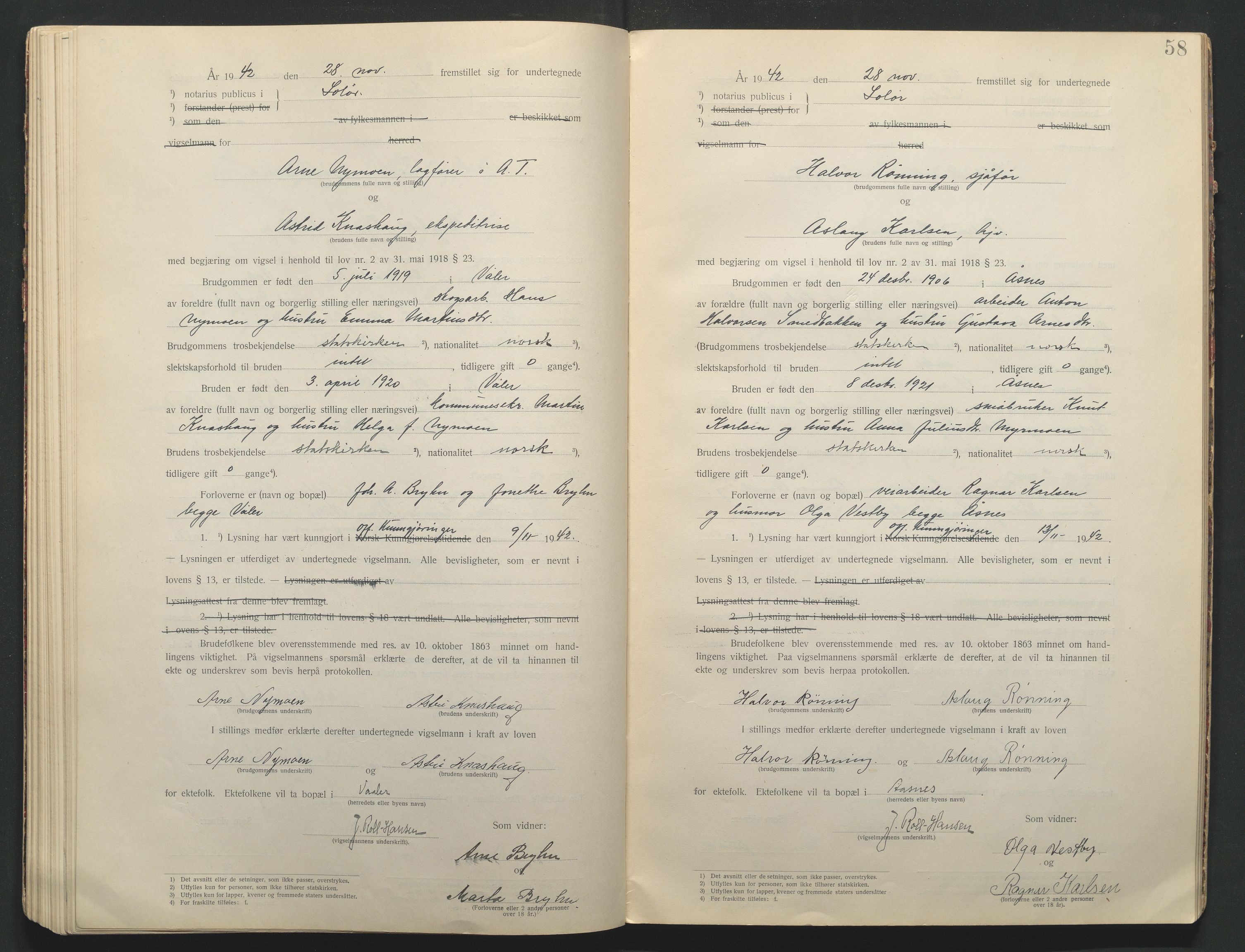 Solør tingrett, AV/SAH-TING-008/L/Lb/L0001: Vigselprotokoll, 1920-1943, s. 58