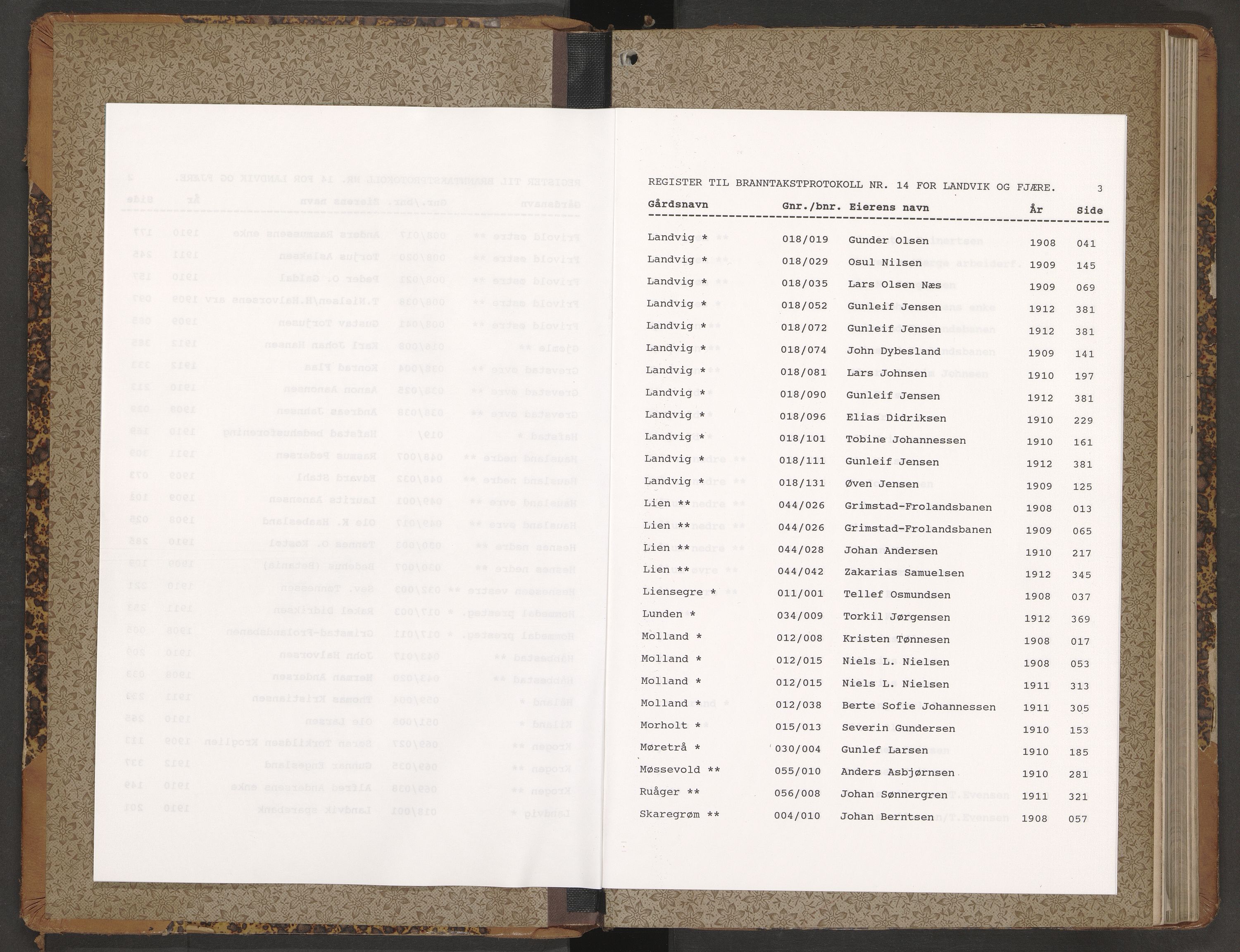 Norges Brannkasse Landvik og Fjære, AV/SAK-2241-0032/F/Fa/L0014: Branntakstprotokoll nr. 14, 1908-1912