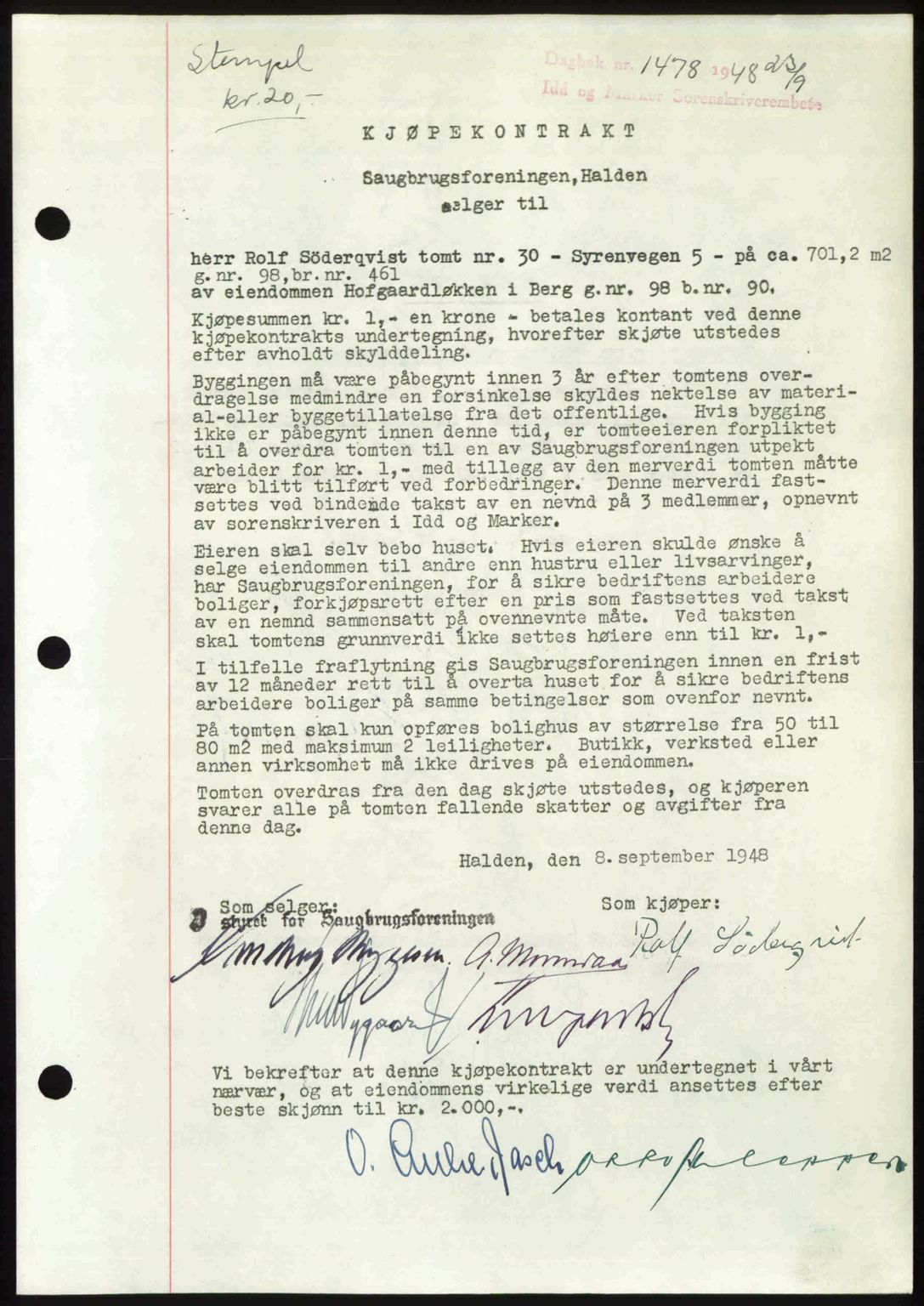 Idd og Marker sorenskriveri, SAO/A-10283/G/Gb/Gbb/L0011: Pantebok nr. A11, 1948-1949, Dagboknr: 1478/1948
