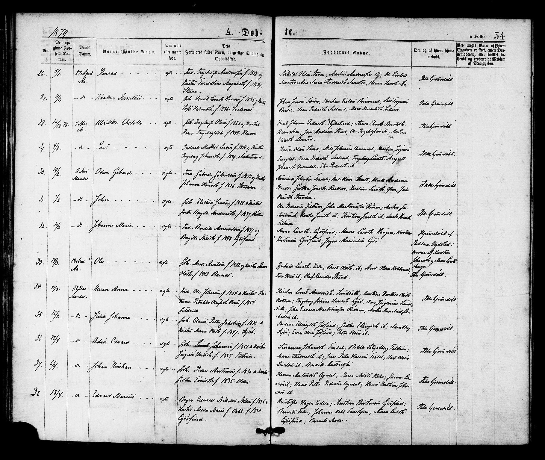 Ministerialprotokoller, klokkerbøker og fødselsregistre - Sør-Trøndelag, SAT/A-1456/655/L0679: Ministerialbok nr. 655A08, 1873-1879, s. 54