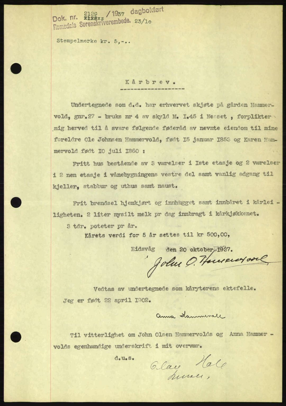 Romsdal sorenskriveri, SAT/A-4149/1/2/2C: Pantebok nr. A4, 1937-1938, Dagboknr: 2129/1937