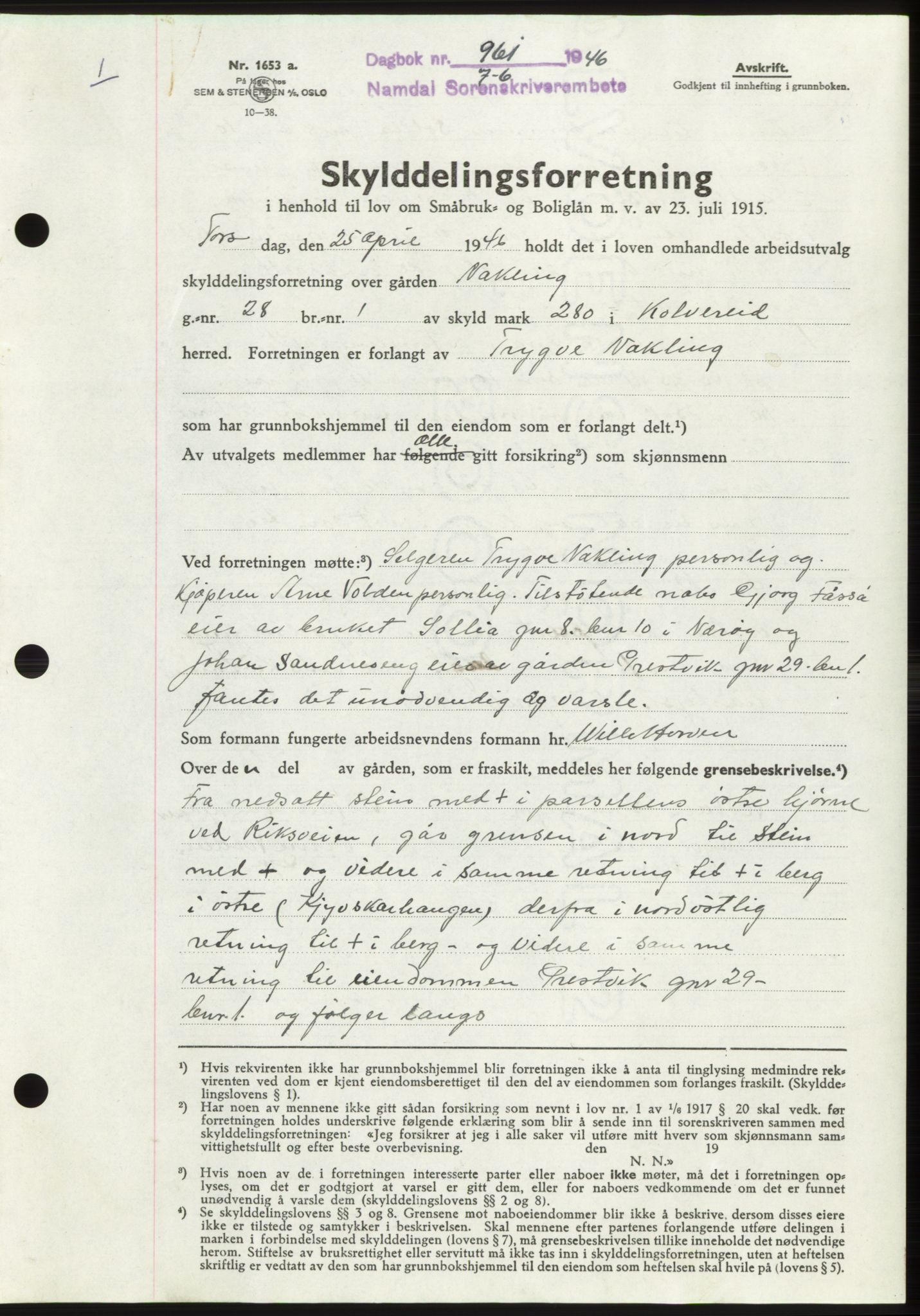 Namdal sorenskriveri, SAT/A-4133/1/2/2C: Pantebok nr. -, 1946-1946, Dagboknr: 961/1946