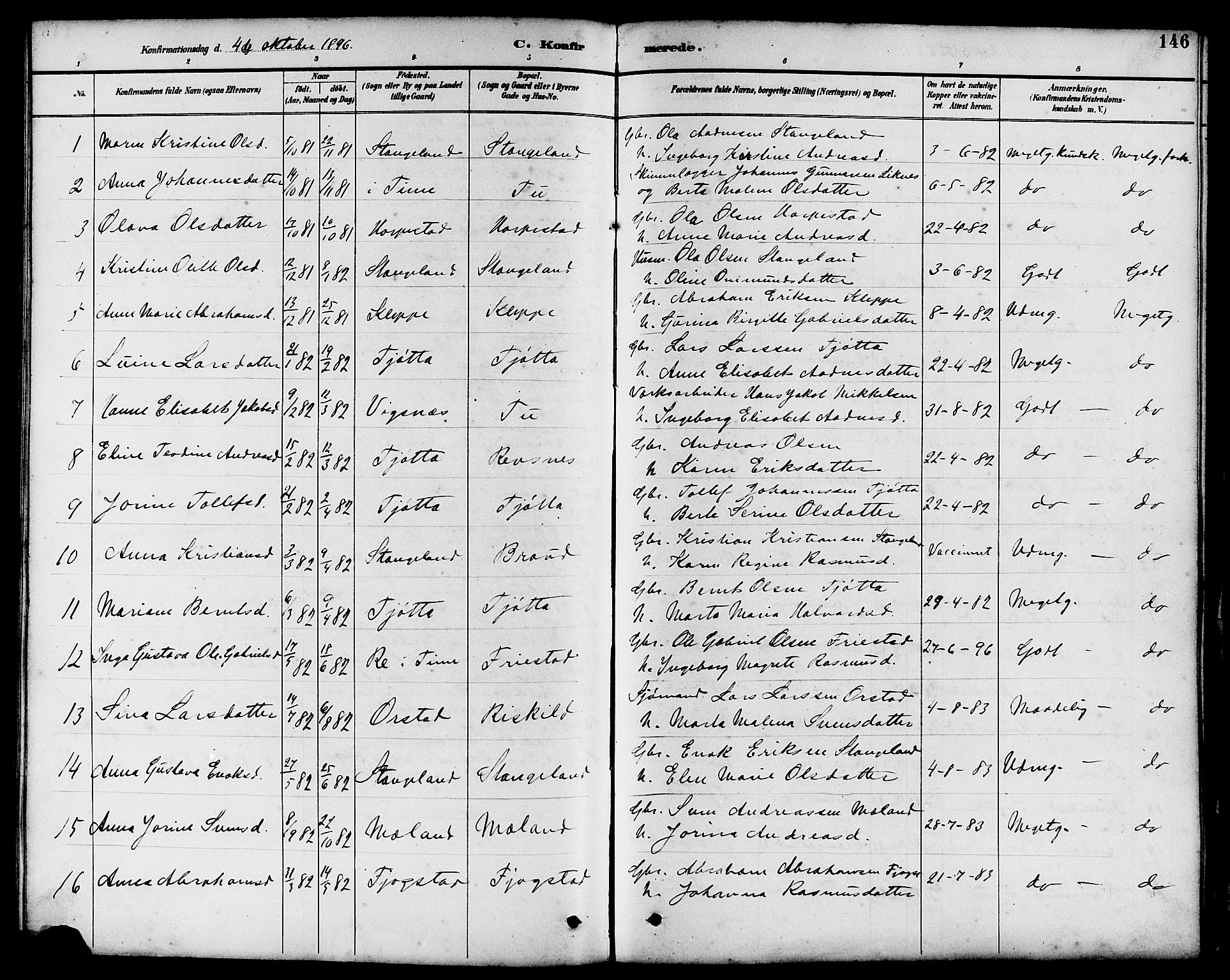 Klepp sokneprestkontor, AV/SAST-A-101803/001/3/30BB/L0004: Klokkerbok nr. B 4, 1889-1914, s. 146